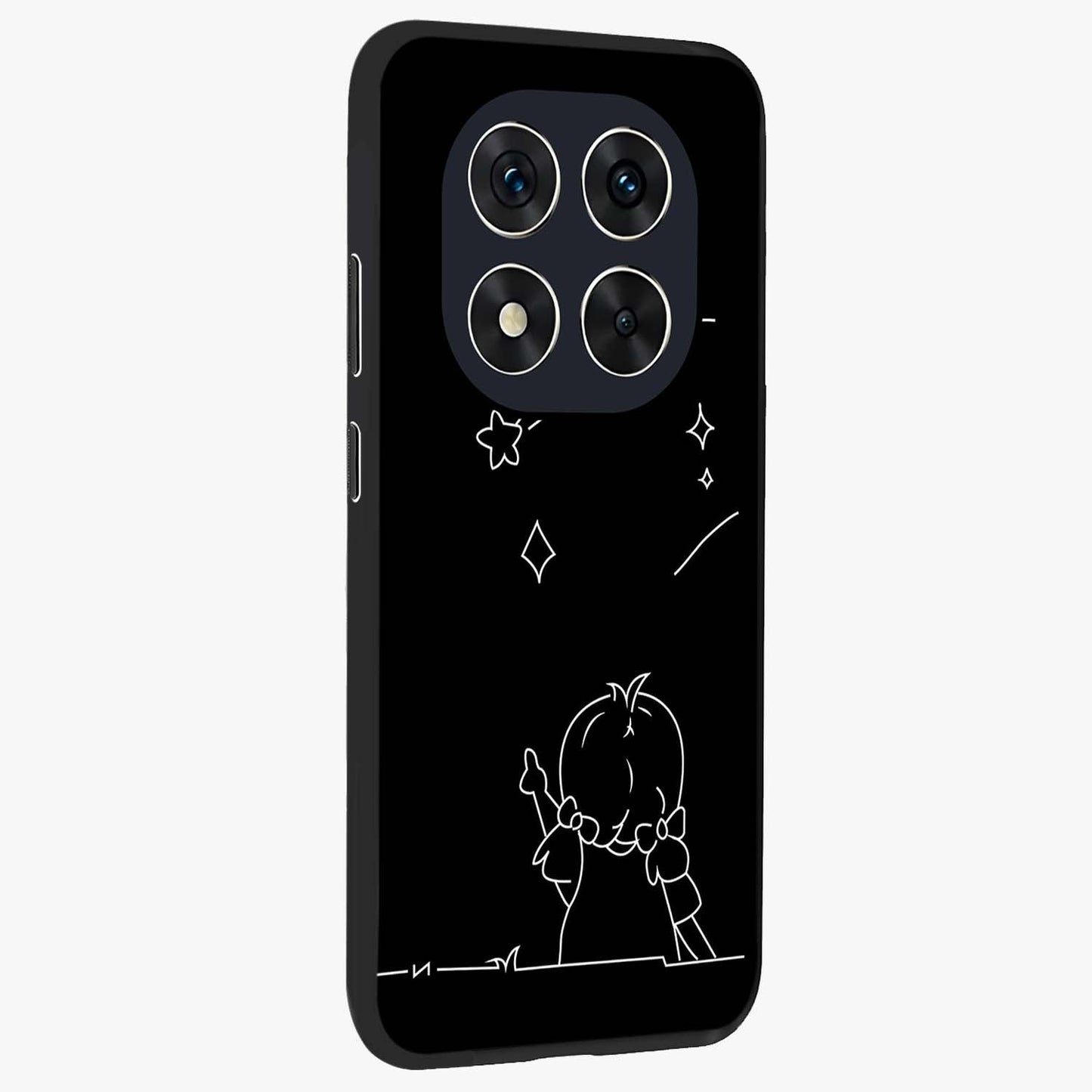 Line Art Girl With Shooting Stars Glass Case upright view showcasing delicate shooting stars artwork with minimal artistic theme.