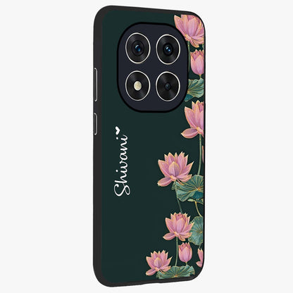 Lotus Bloom Serenity Custom Name Glass Case upright view showcasing serene lotus bloom artwork with personalized floral aesthetic.