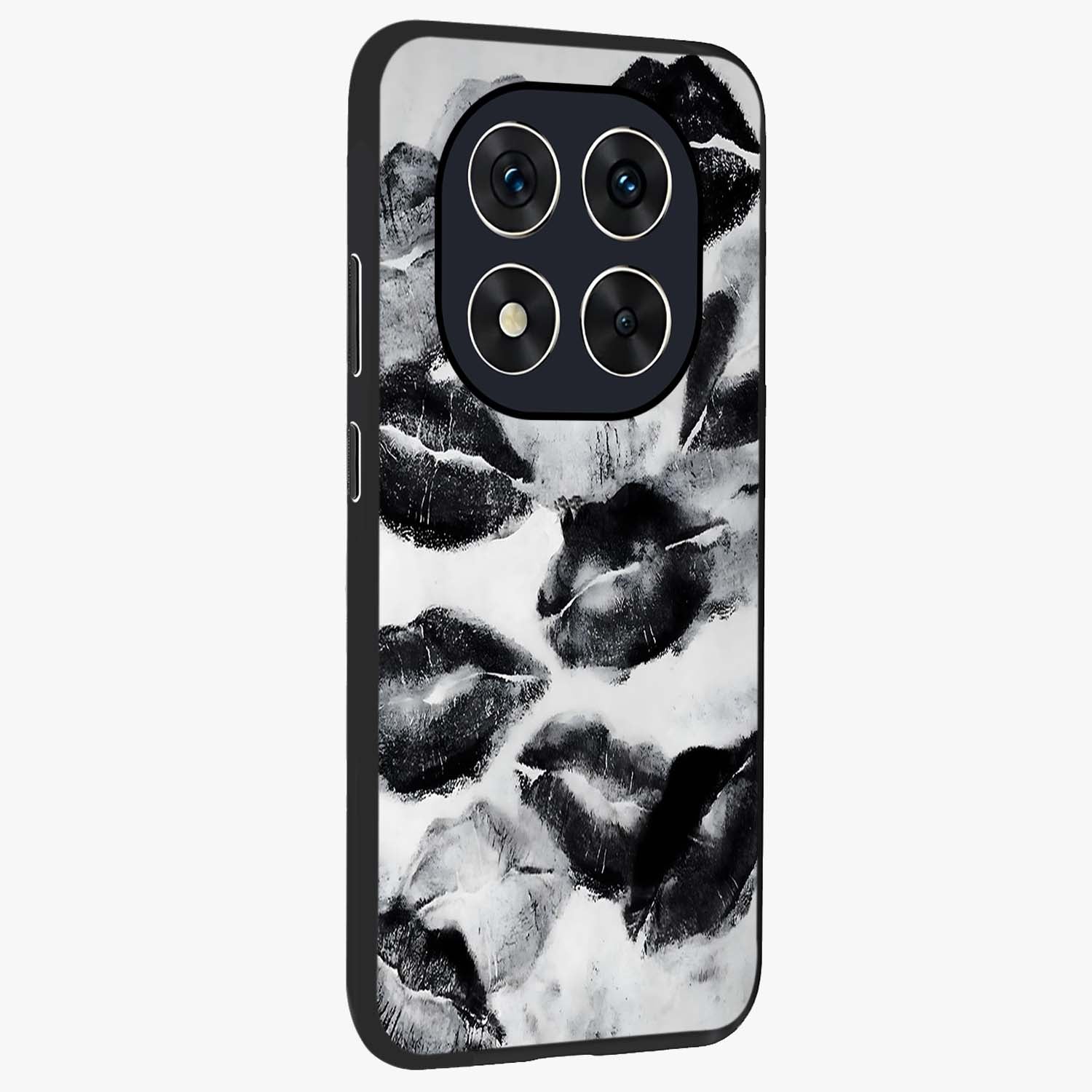 Midnight Kiss Marks Glass Case upright view showcasing stylish kiss mark artwork with trendy romantic theme.