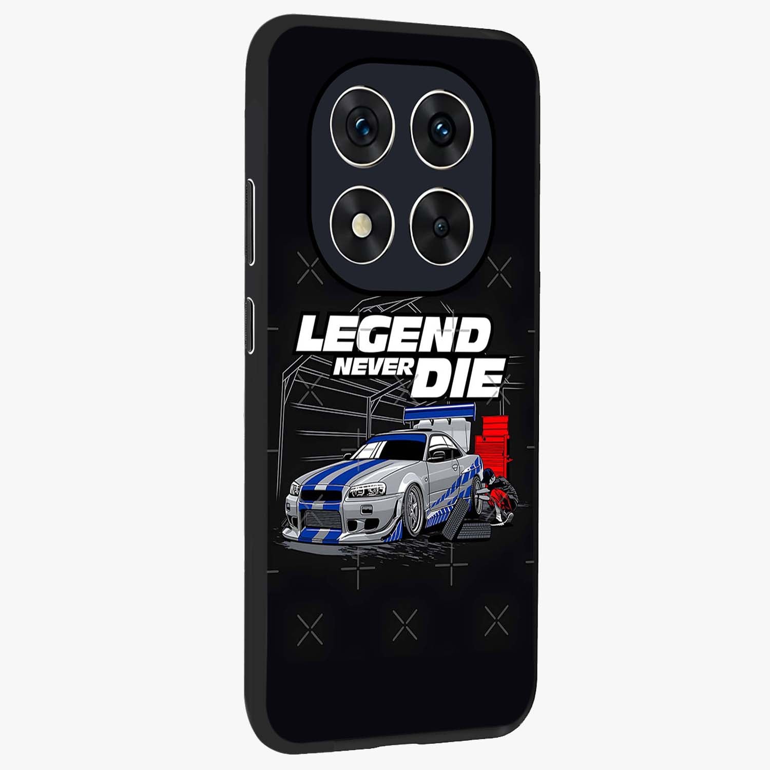 Midnight Racing Legacy Glass Case upright view showcasing powerful racing artwork with modern sports theme.
