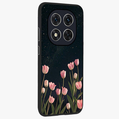 Midnight Tulip Whispers Vibe Glass Case upright view showcasing graceful tulip artwork with calm botanical theme.