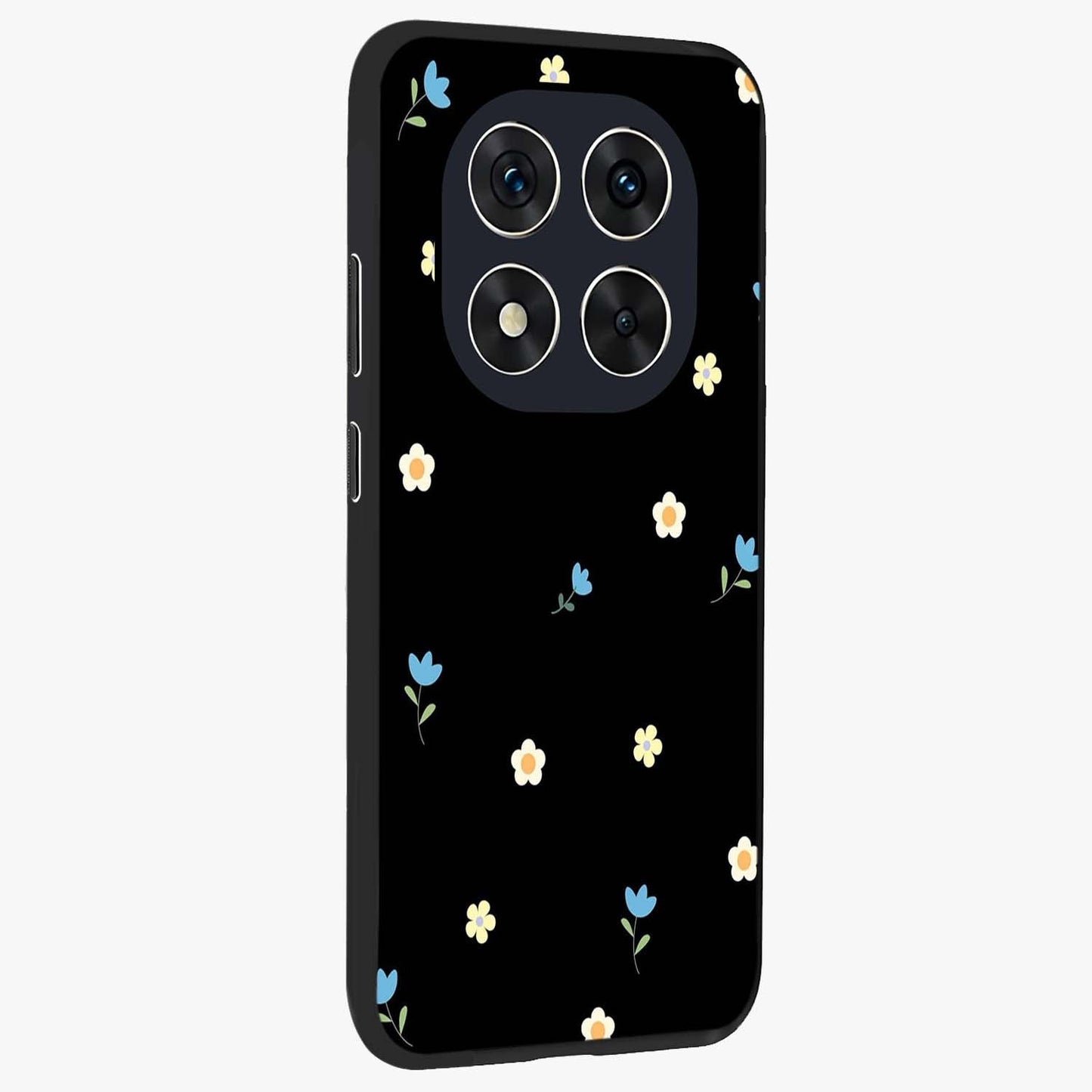 Minimal Petal Whispers Glass Case upright view showcasing elegant floral artwork with modern minimalist style.