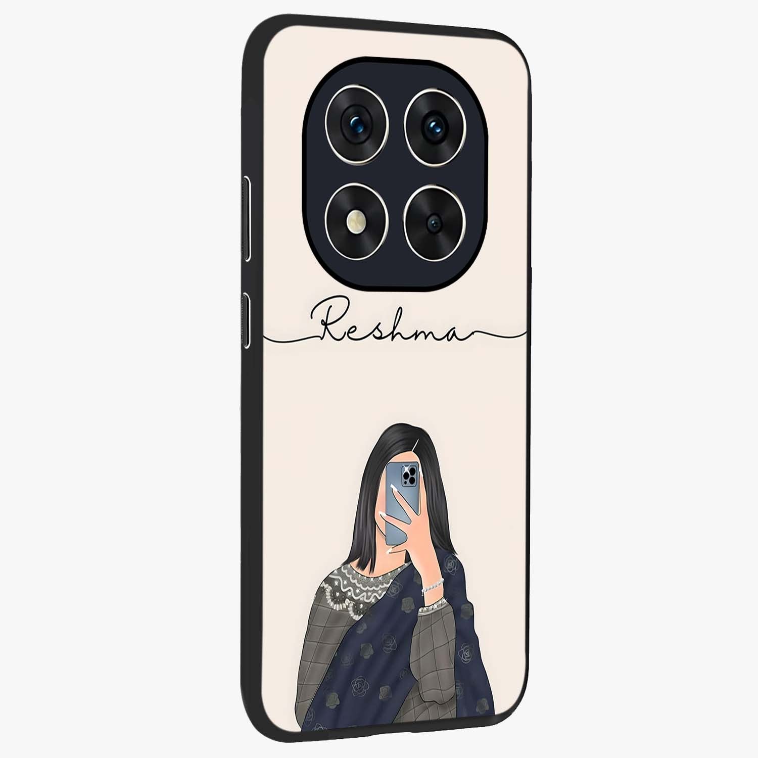 Mirror Mood Muse With Custom Name Glass Case upright view showcasing artistic mirror themed artwork with personalized aesthetic.