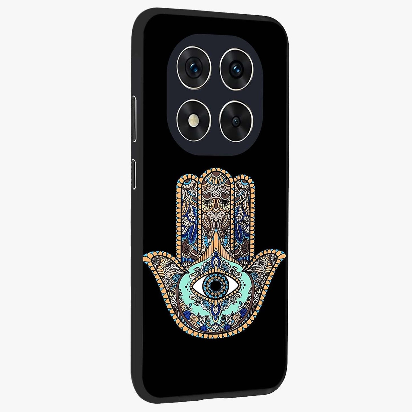 Mystic Hamsa Eye Glass Case upright view showcasing detailed hamsa eye artwork with protective spiritual theme.