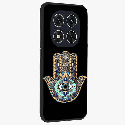 Mystic Hamsa Eye Glass Case upright view showcasing detailed hamsa eye artwork with protective spiritual theme.
