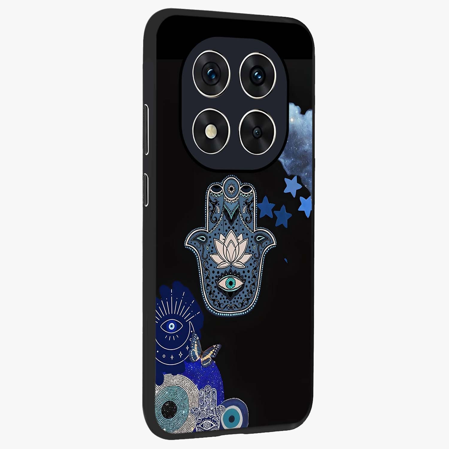 Mystic Hand Aura Glass Case upright view showcasing symbolic hand artwork with mystical energy theme.