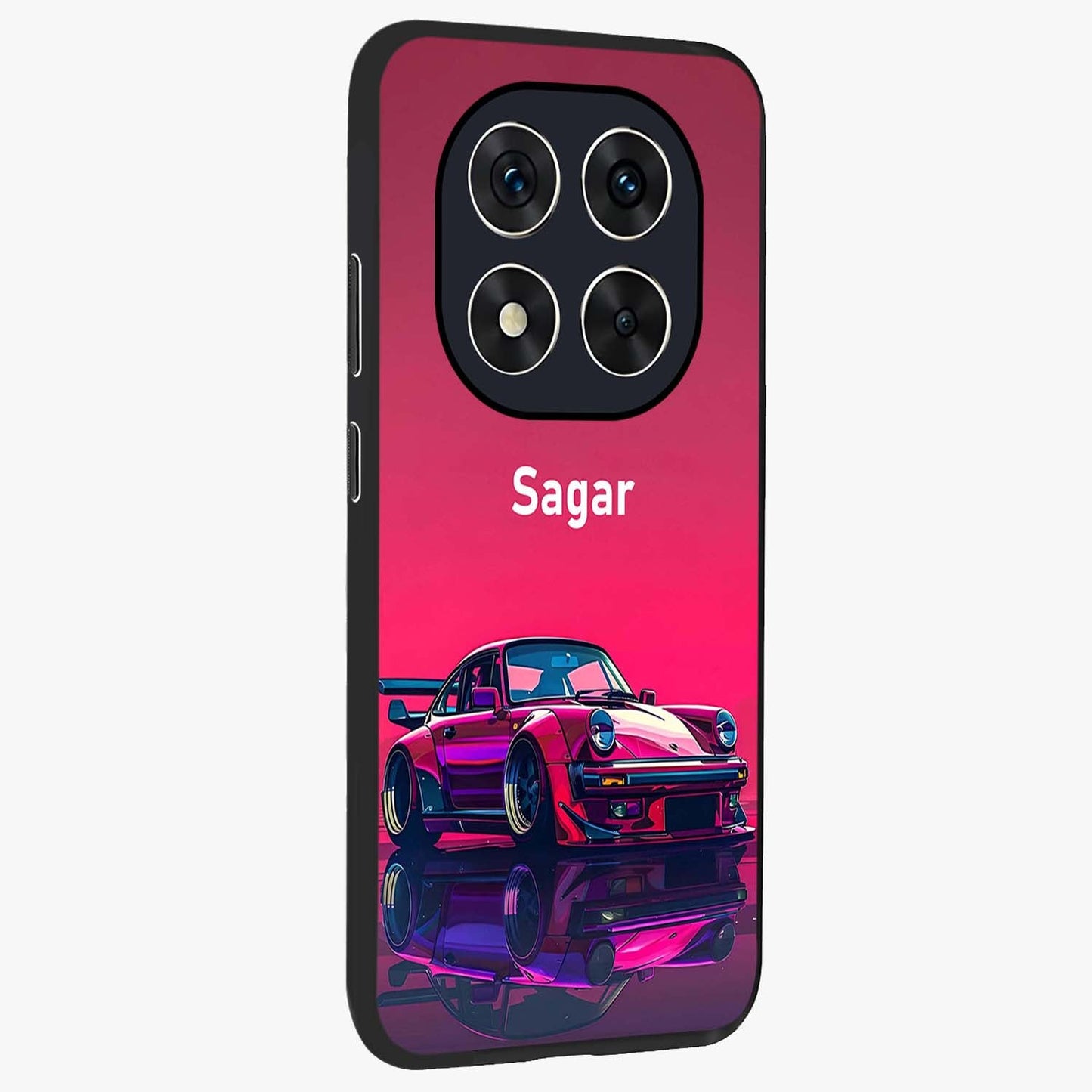 Neon Pink Porsche Glass Case upright view showcasing vibrant sports car artwork with bold automotive theme.