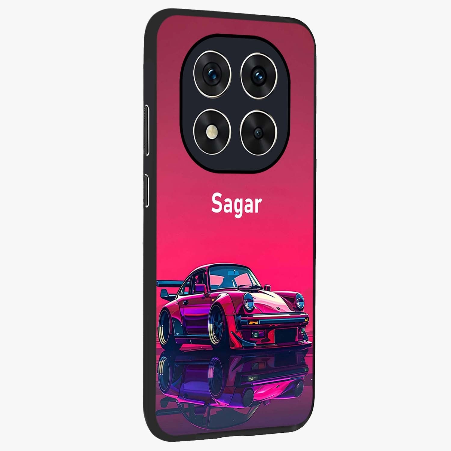Neon Pink Porsche Glass Case upright view showcasing vibrant sports car artwork with bold automotive theme.