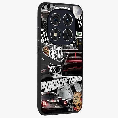 Porsche Racing Collage Glass Case upright view showcasing energetic car collage artwork with high speed racing theme.