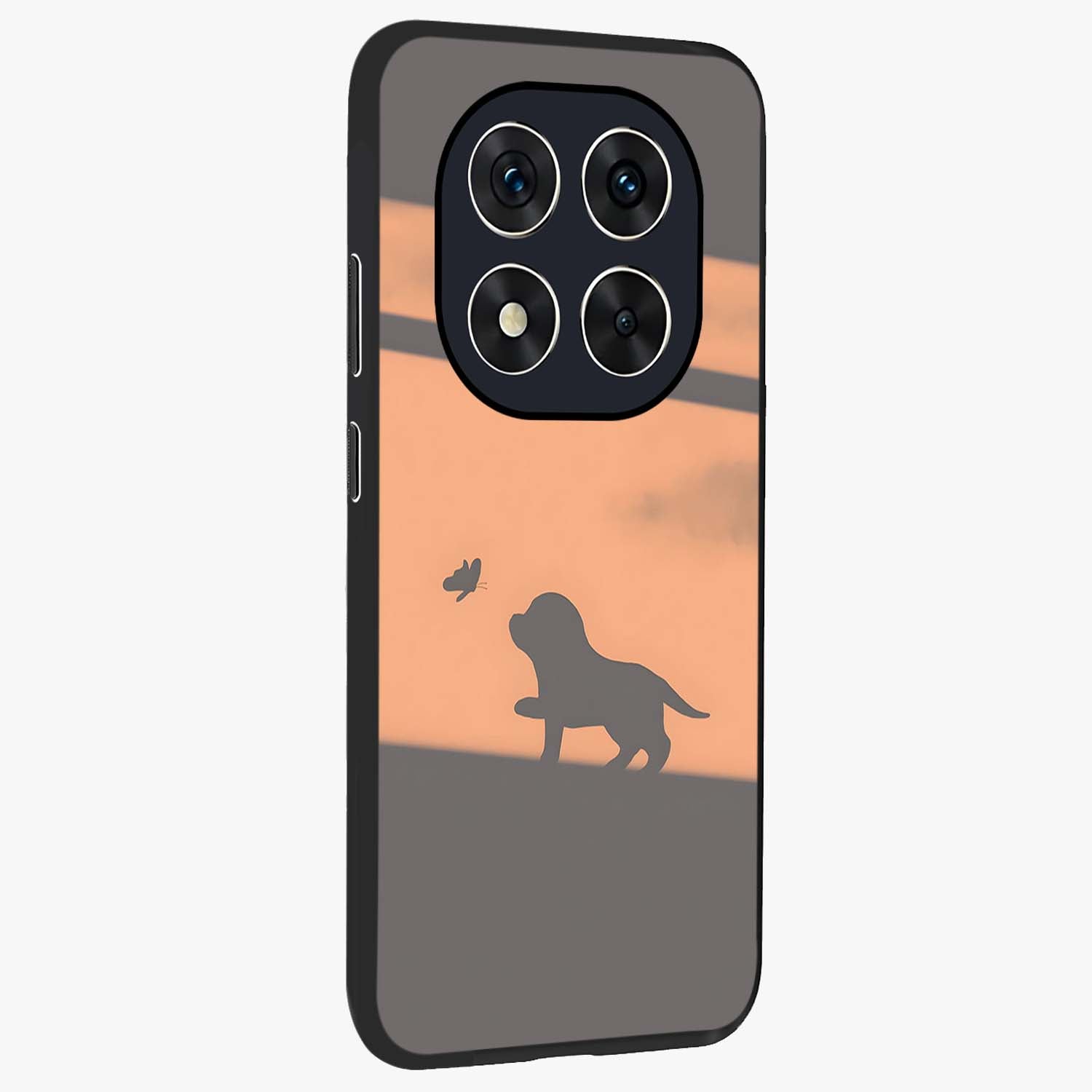 Puppy Shadow Art Glass Case upright view showcasing charming puppy artwork with creative silhouette theme.