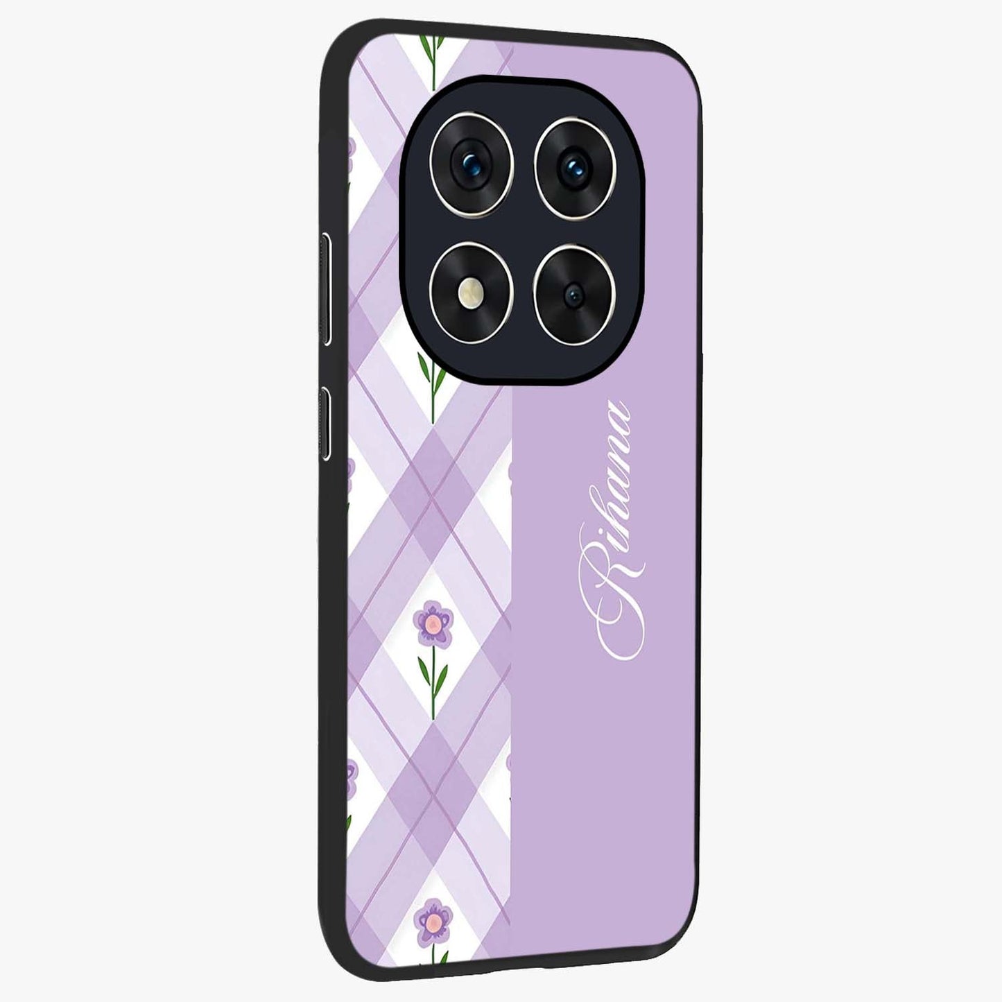 Purple Diamond Floral Glass Case upright view showcasing vibrant floral artwork with stylish geometric theme.