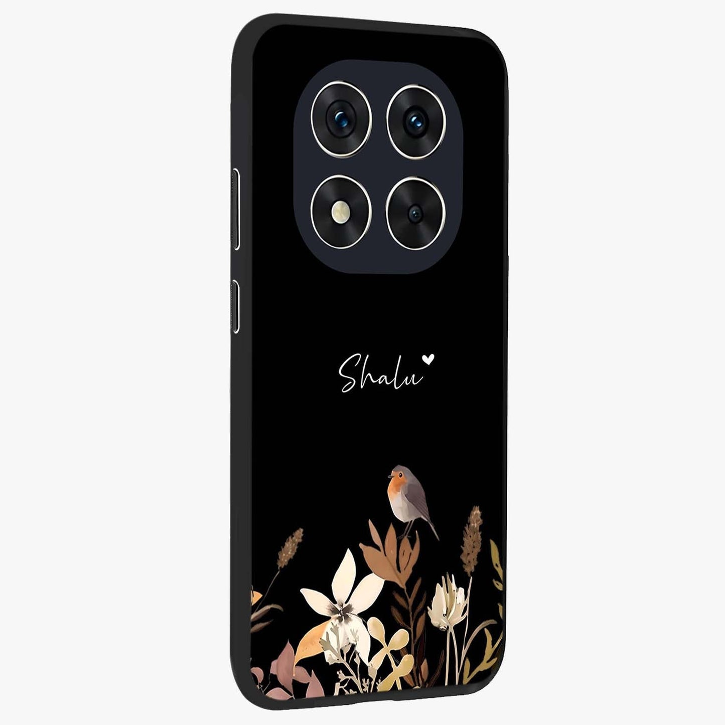 Quiet Garden Tune Custom Name Glass Case upright view showcasing serene botanical artwork with personalized aesthetic.