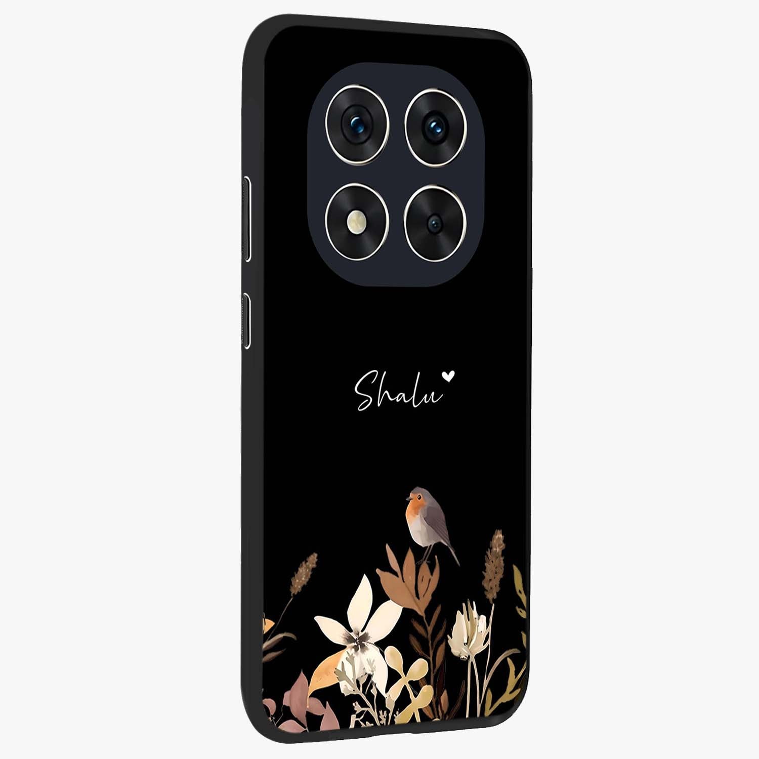 Quiet Garden Tune Custom Name Glass Case upright view showcasing serene botanical artwork with personalized aesthetic.