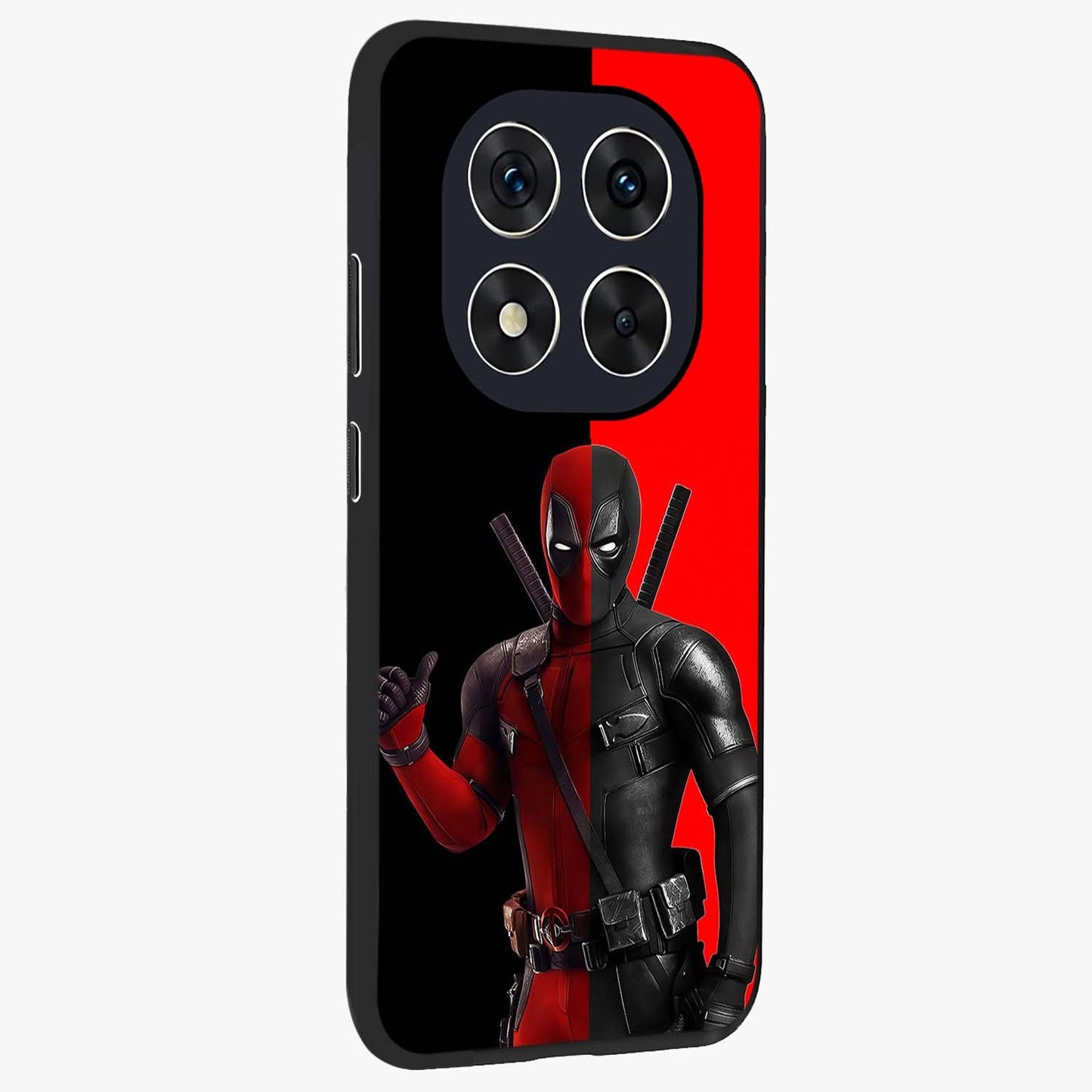 Red & Black Deadpool Theme Glass Case upright view showcasing energetic comic themed artwork with striking red and black design.