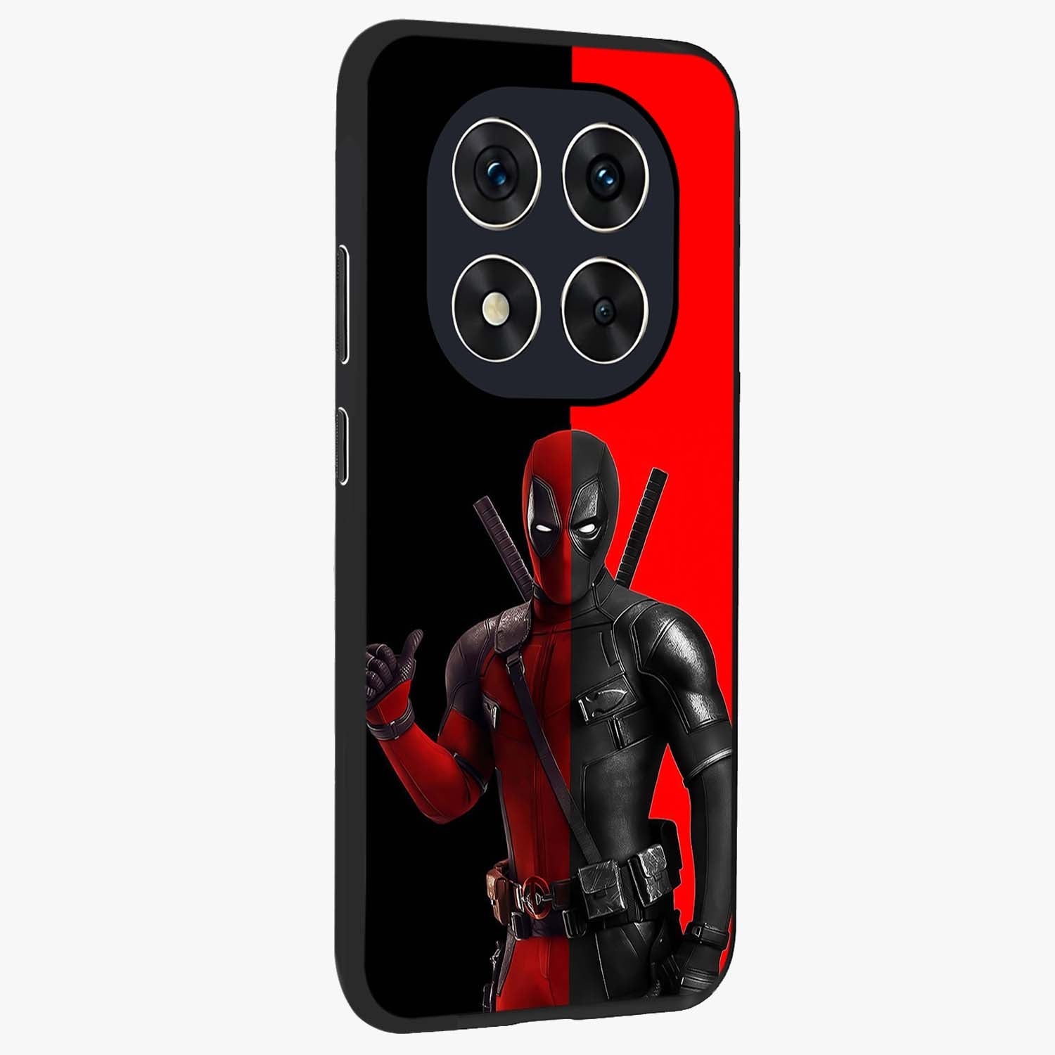 Red & Black Deadpool Theme Glass Case upright view showcasing energetic comic themed artwork with striking red and black design.