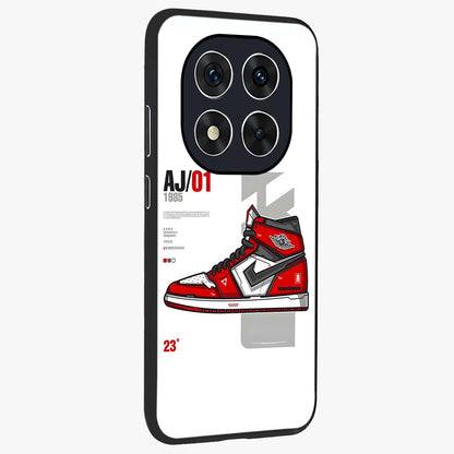 Retro Sneaker Blueprint Glass Case upright view showcasing stylish sneaker illustration with vintage streetwear theme.