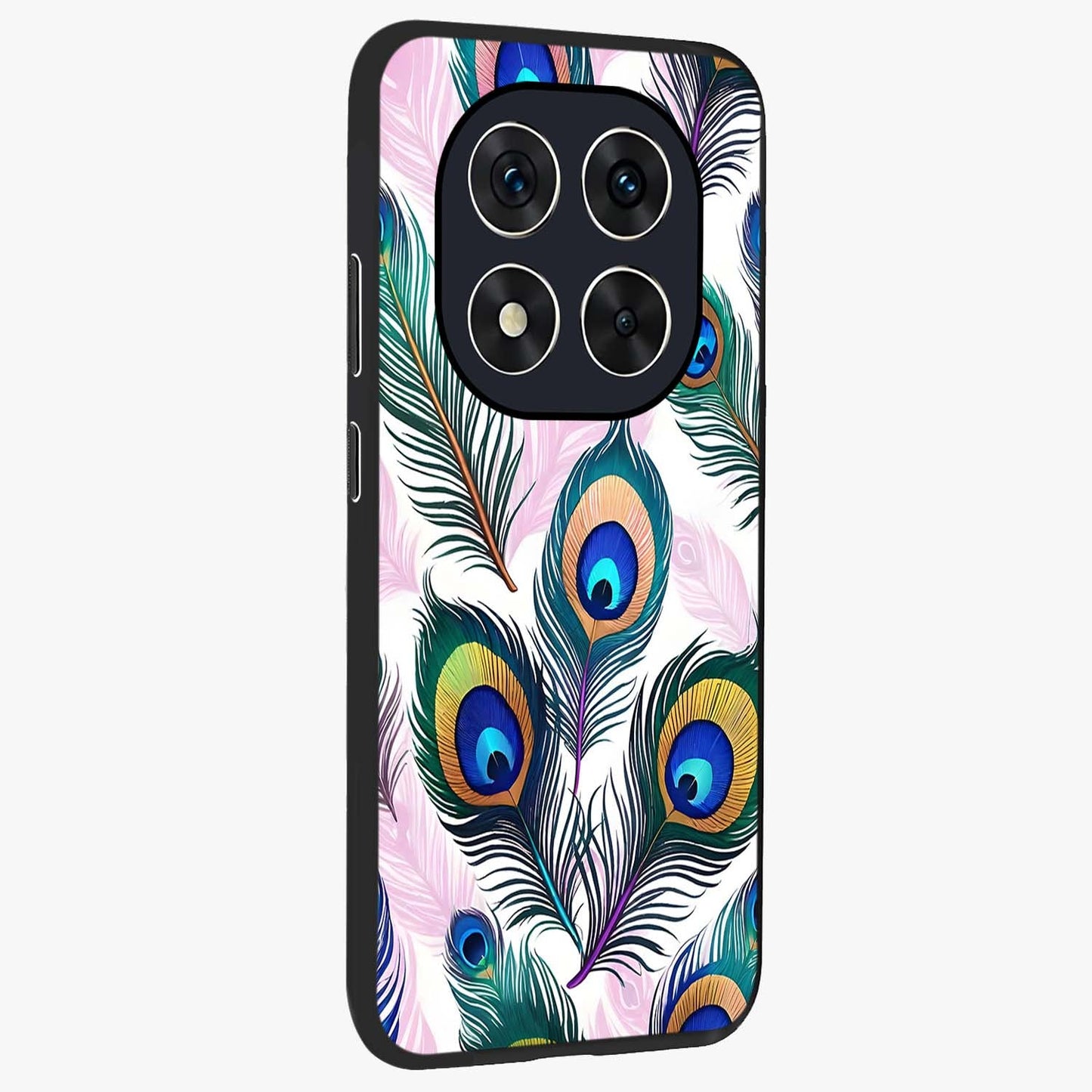 Royal Peacock Feathers Glass Case upright view showcasing elegant peacock feather artwork with decorative royal theme.