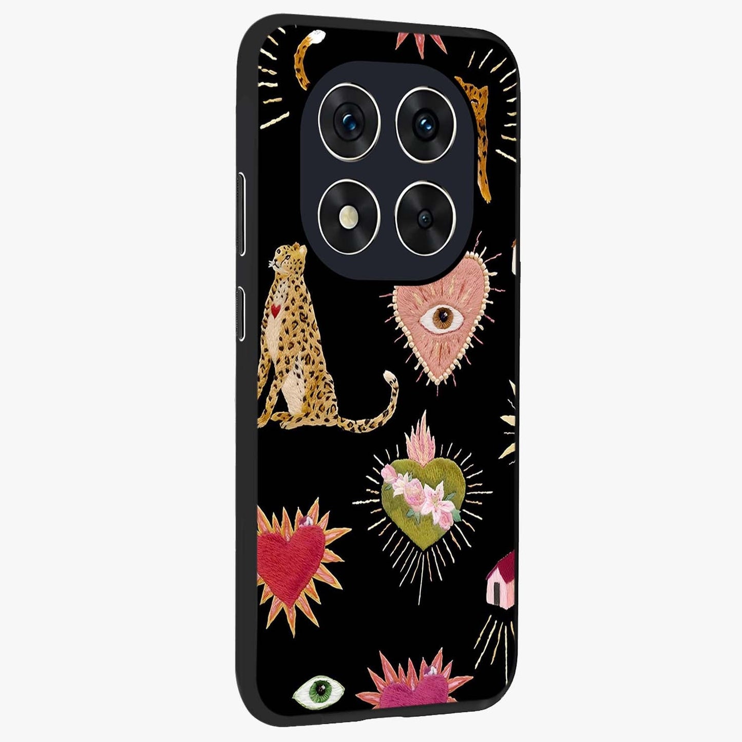 Sacred Jungle Heart Glass Case upright view showcasing vibrant jungle artwork with symbolic heart theme.