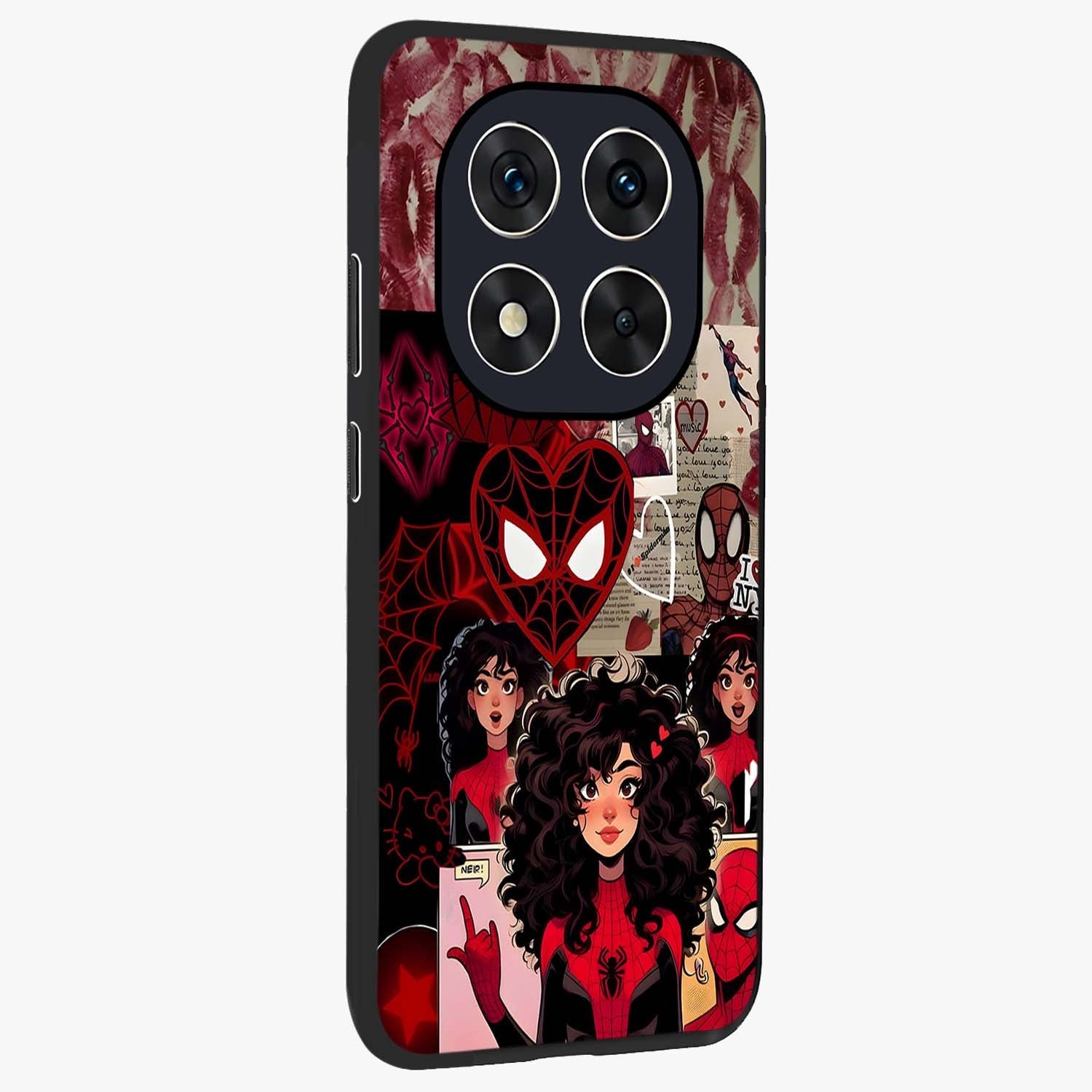 Spider Love Story Glass Case upright view showcasing charming superhero artwork with romantic comic theme.
