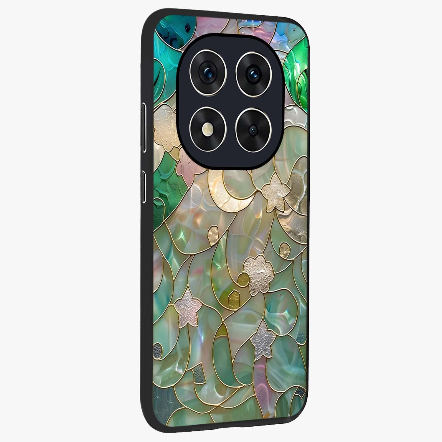 Stained Sunrise Glow Glass Case upright view showcasing colorful sunrise artwork with warm morning theme.