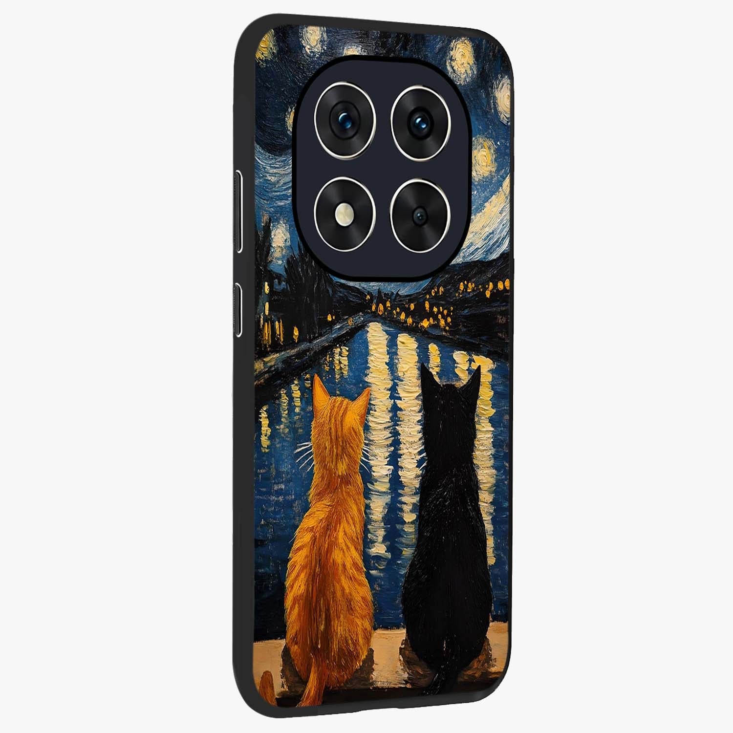 Starry River Cats Glass Case upright view showcasing adorable cat artwork with magical river and stars theme.