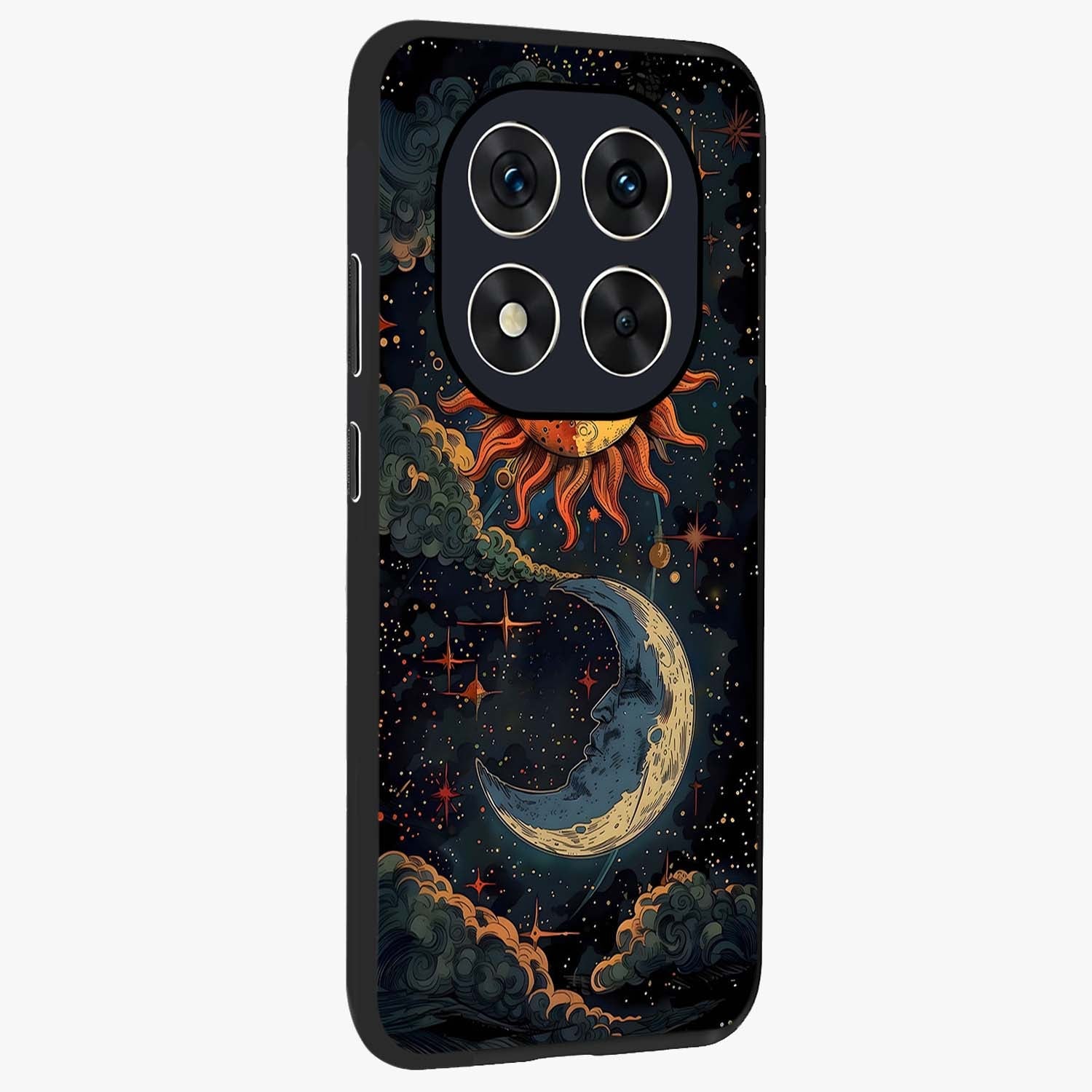 Sun And Moon Magic Design Glass Case upright view showcasing decorative sun and moon artwork with spiritual celestial theme.