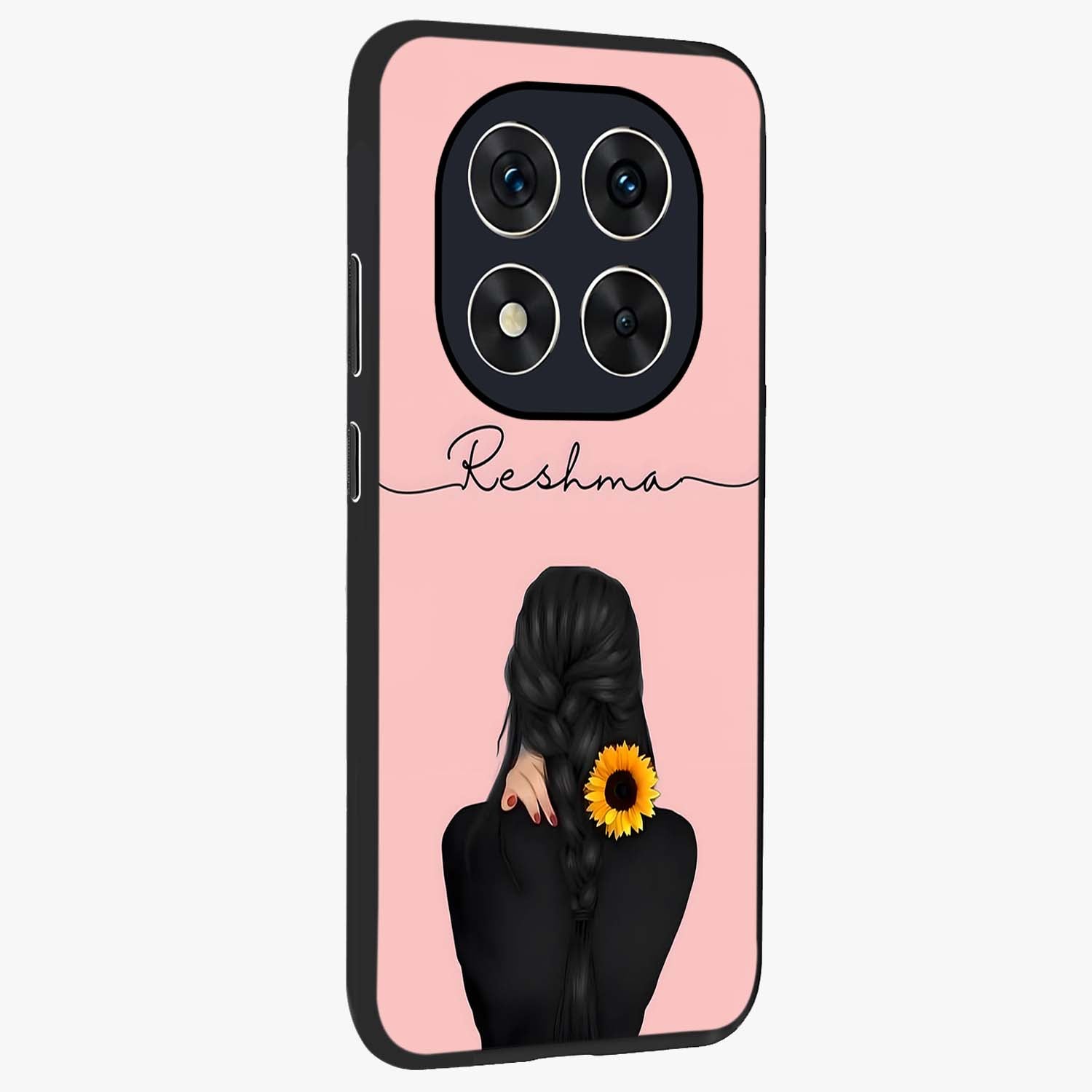 Sunflower Braid Beauty With Custom Name Glass Case upright view showcasing bright sunflower artwork with personalized floral aesthetic.