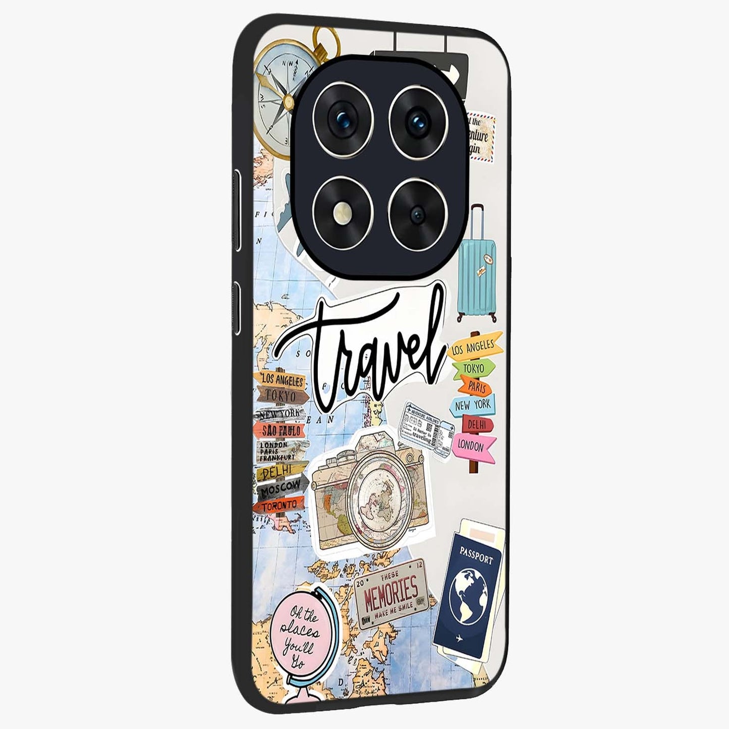 Wanderlust Journal Glass Case upright view showcasing wanderlust inspired artwork with creative exploration theme.