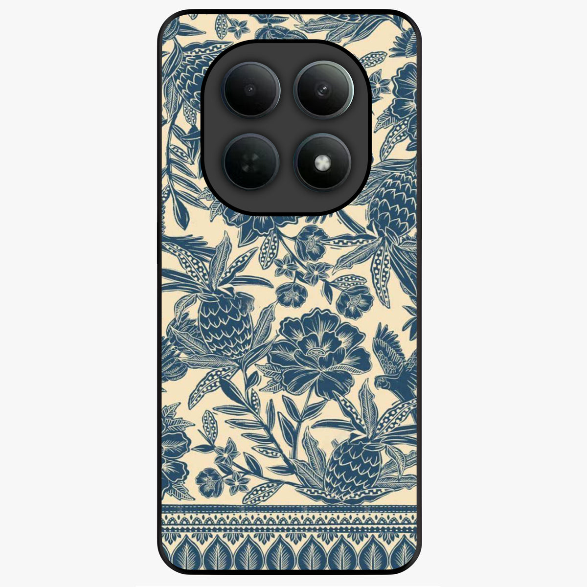 Heirloom Wild Bloom Glass Case showing flat back view with vintage inspired wild flower artwork and glossy glass finish.