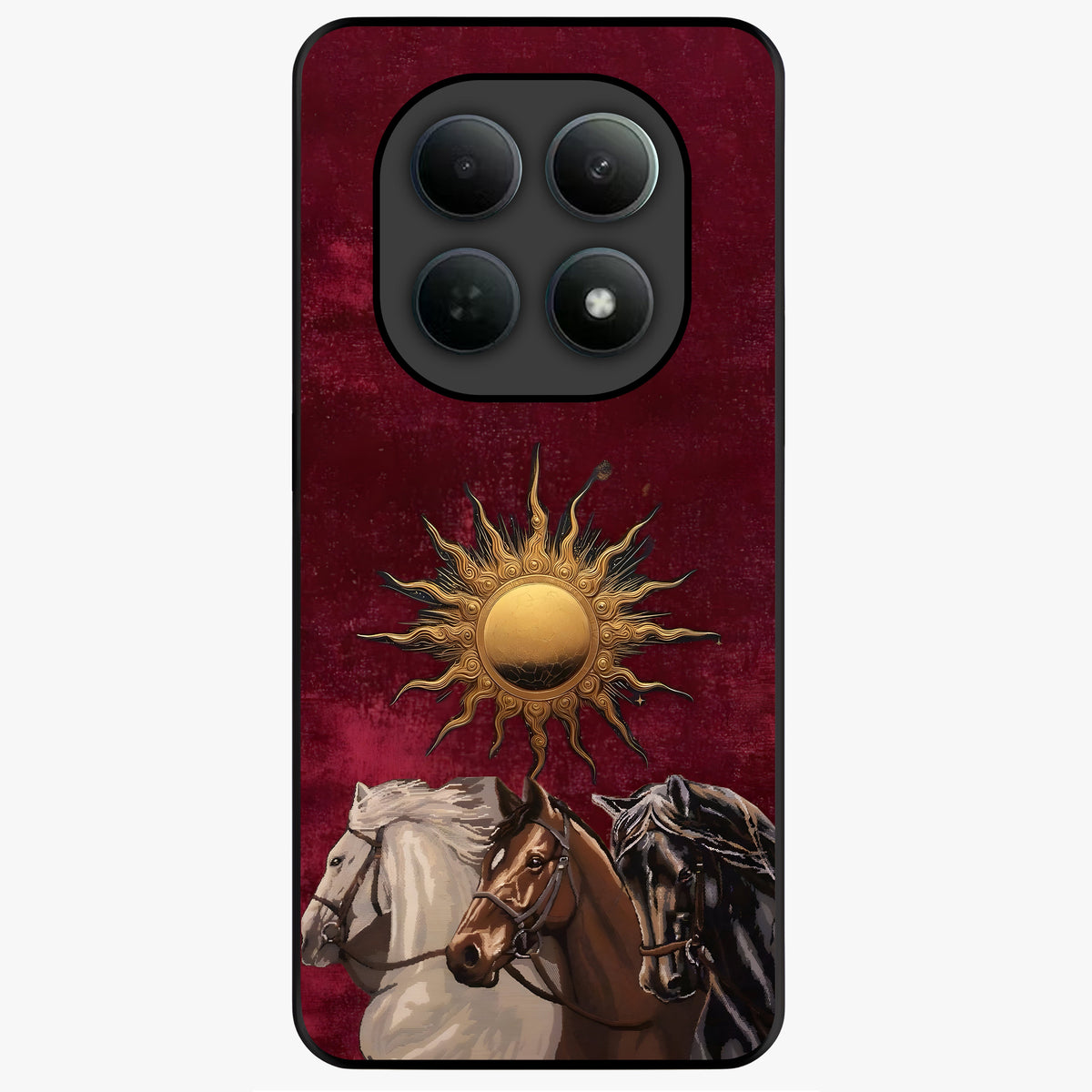 Solar Riders Glass Case showing flat back view with dynamic rider themed artwork and glossy glass finish.