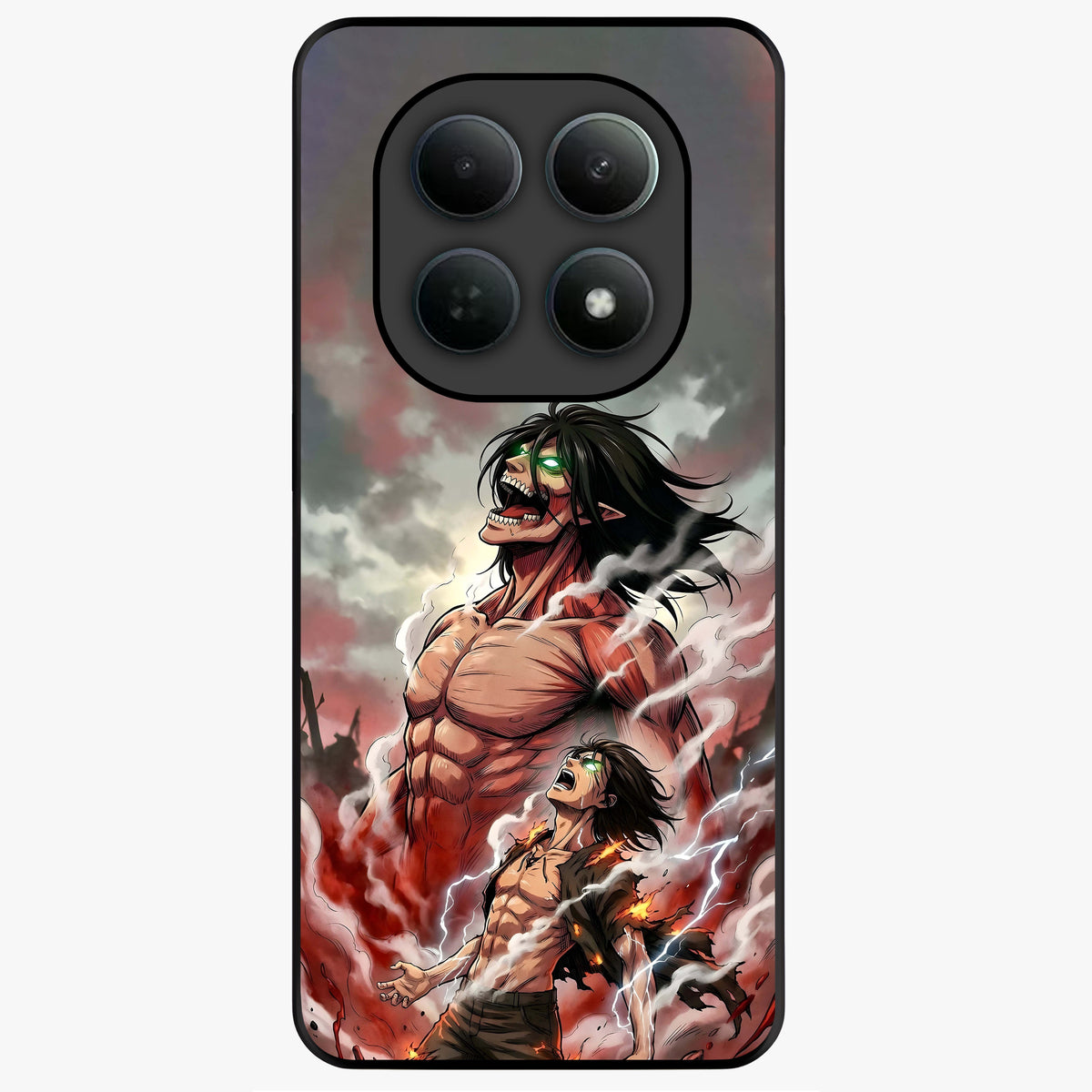 Titan Awakening Fury Glass Case showing flat back view with powerful titan inspired artwork and glossy glass finish.