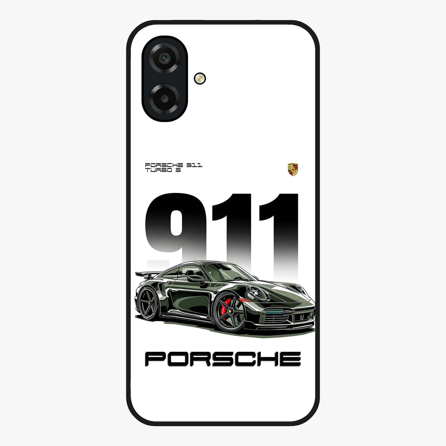 911 Turbo Dominance Glass Case showing clean flat back view with bold 911 sports car artwork and glossy glass finish.