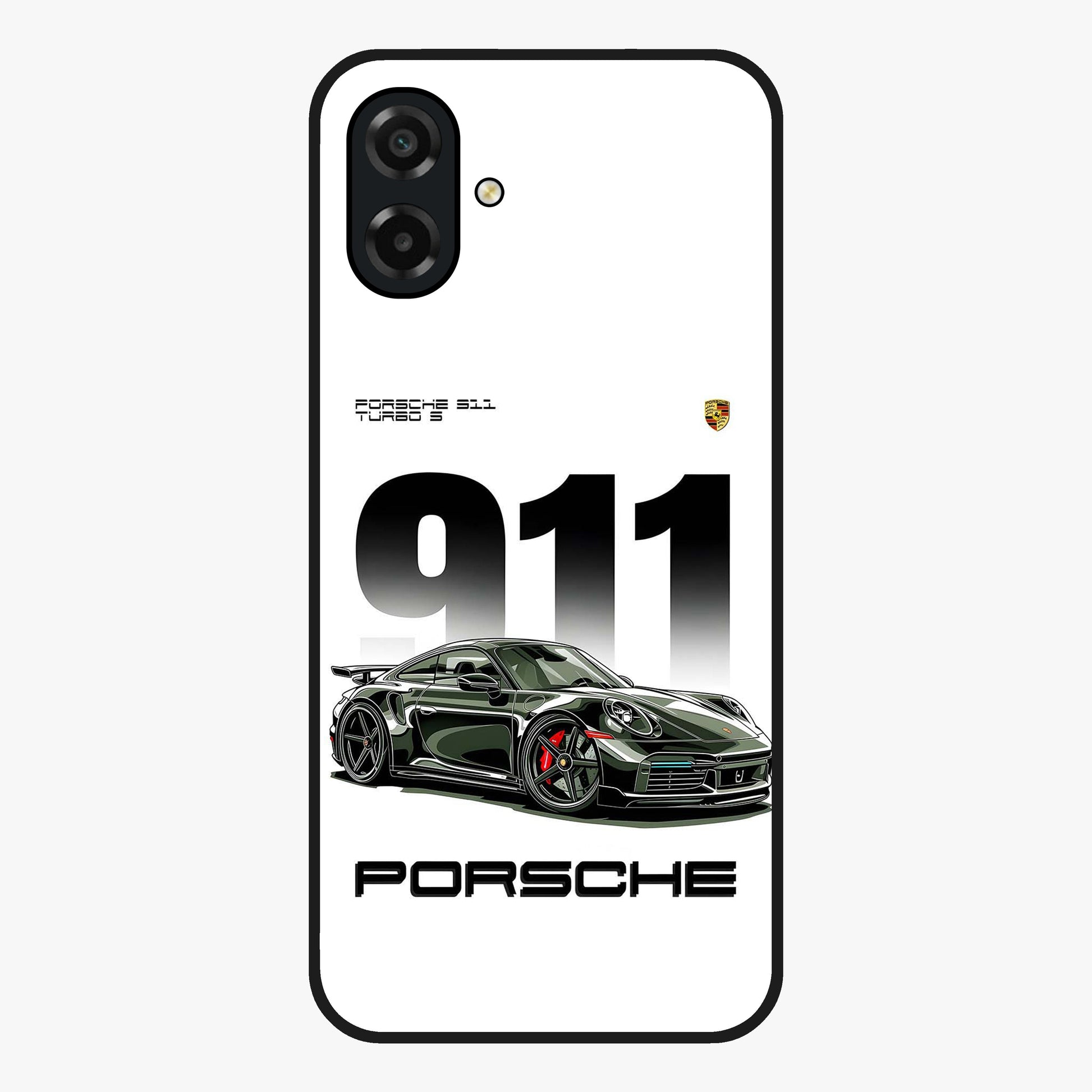 911 Turbo Dominance Glass Case showing clean flat back view with bold 911 sports car artwork and glossy glass finish.