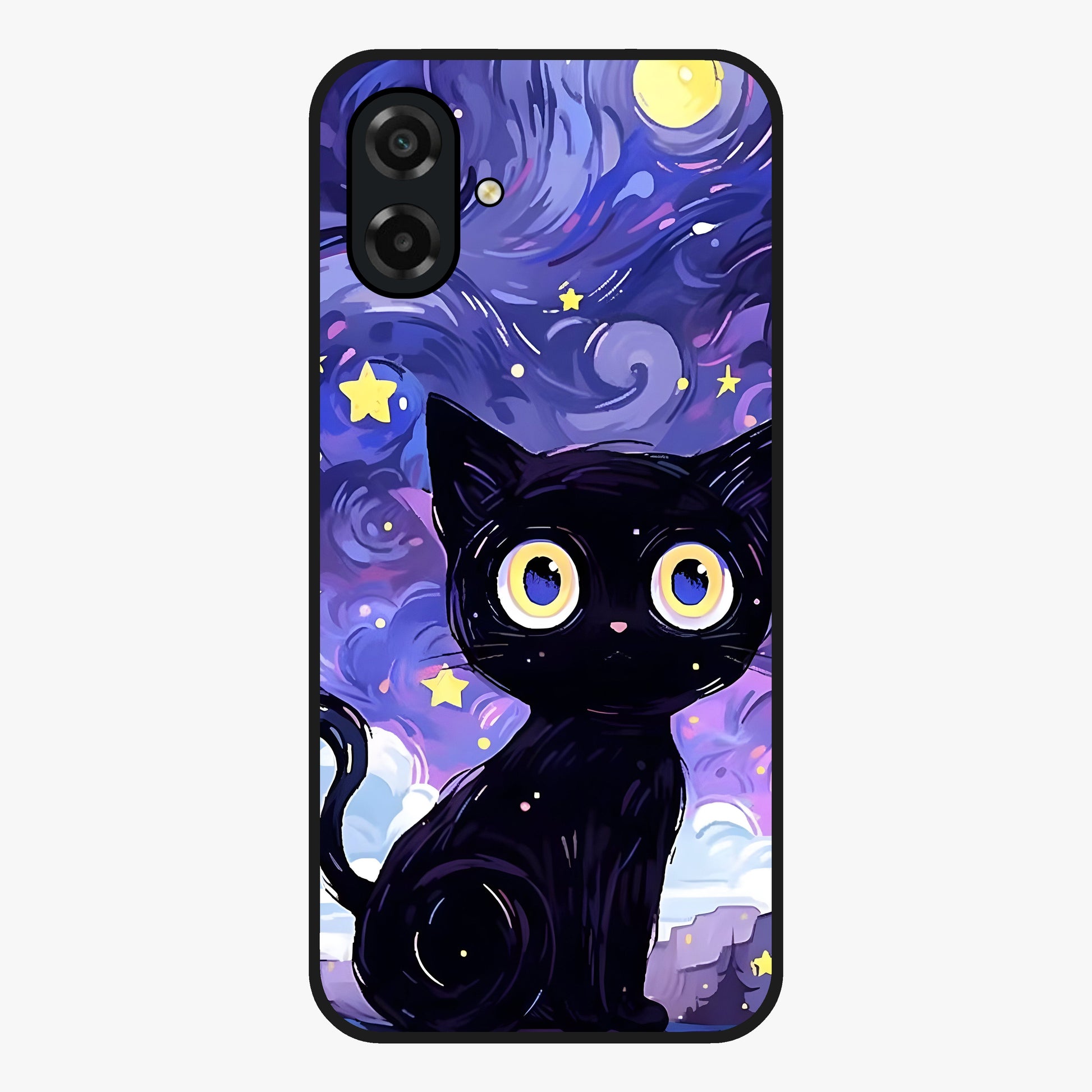 Abstract Cat Art Glass Case showing flat back view with artistic cat illustration and glossy glass finish.