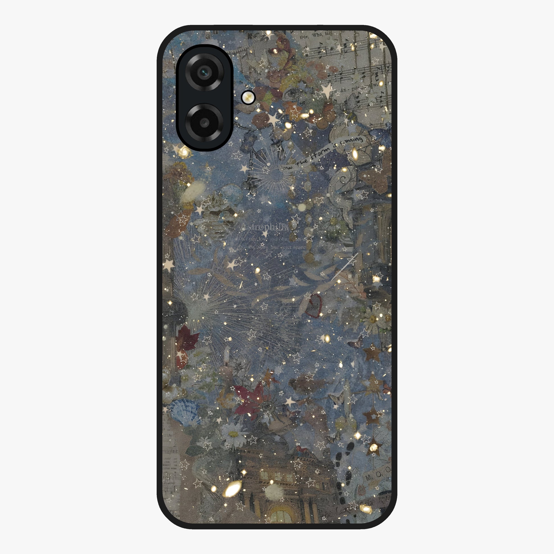 Aesthetic Astrolophia Glass Case showing flat back view with dreamy aesthetic design and glossy glass finish.