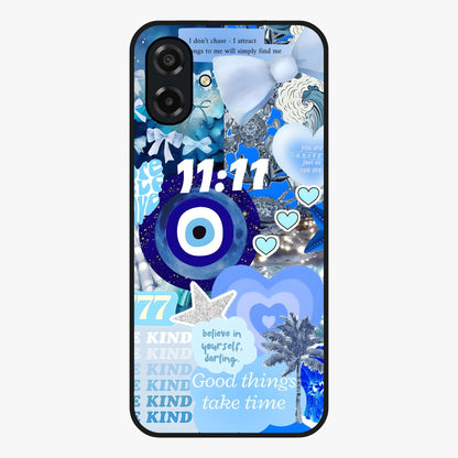 Aesthetic Be Kind Eye Glass Case showing flat back view with motivational eye artwork and glossy glass finish.