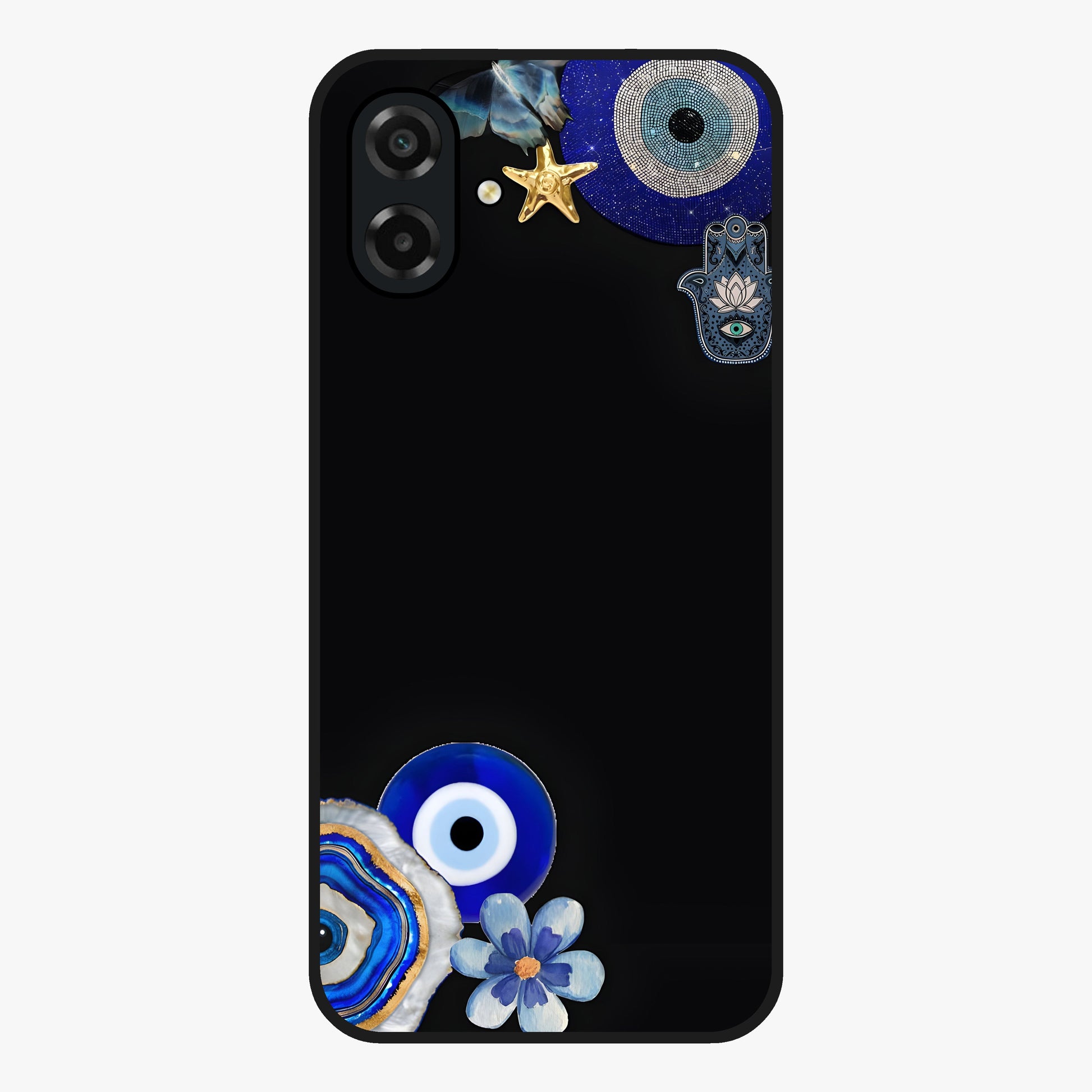 Aesthetic Blue Evil Eye Glass Case showing flat back view with protective evil eye artwork and glossy glass finish.