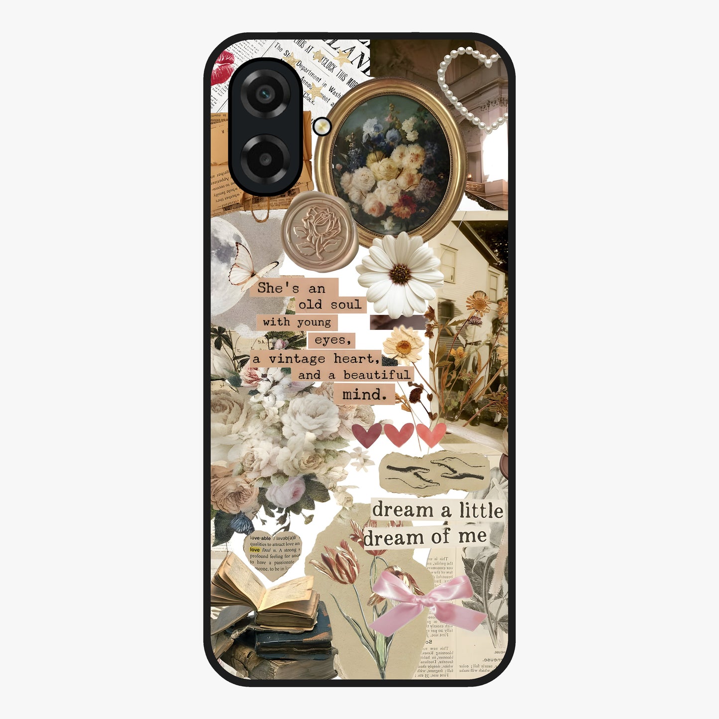 Aesthetic Brown Vintage Collage Glass Case showing flat back view with retro collage artwork and glossy glass finish.