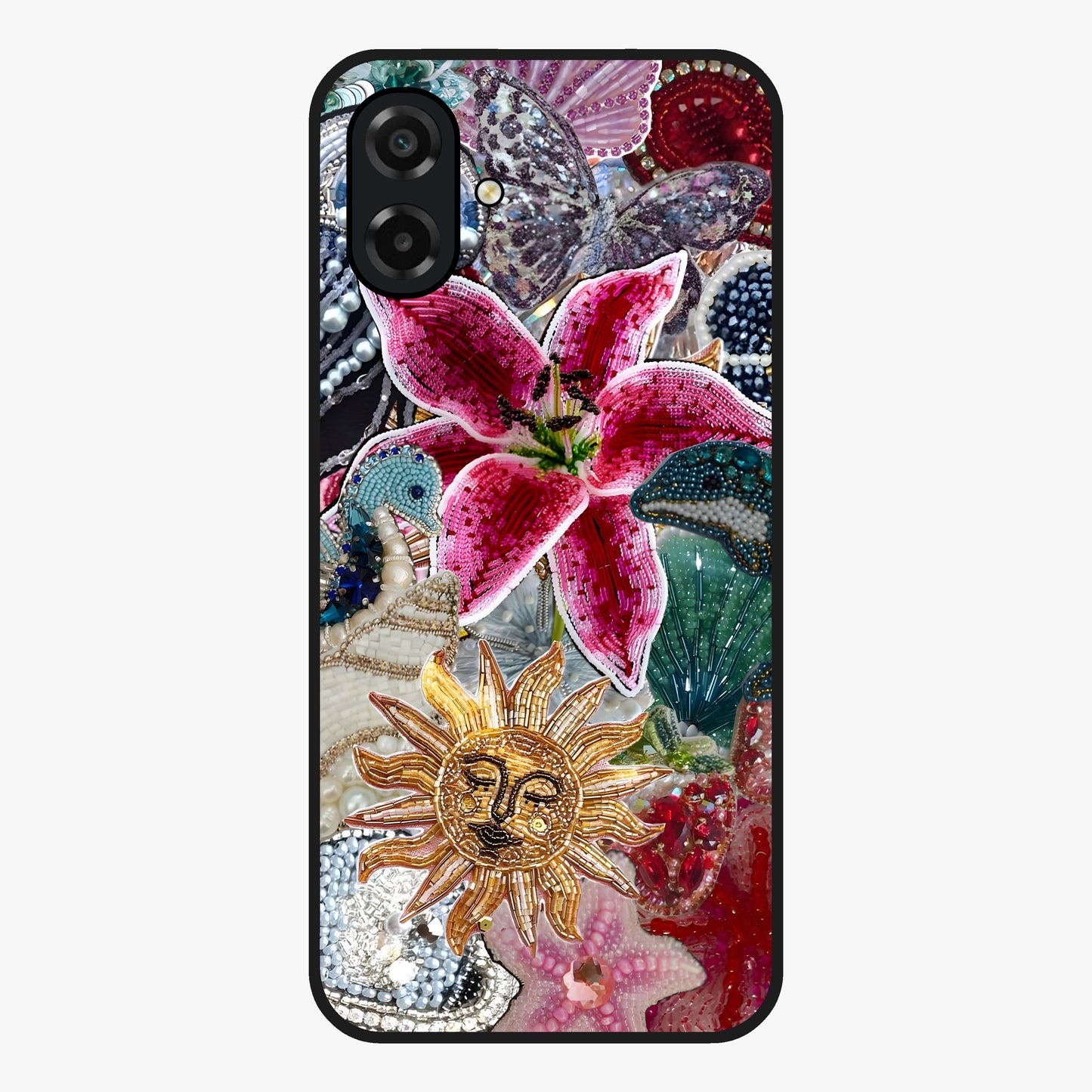 Beaded Garden Fantasy Glass Case showing flat back view with dreamy garden bead artwork and glossy glass finish.