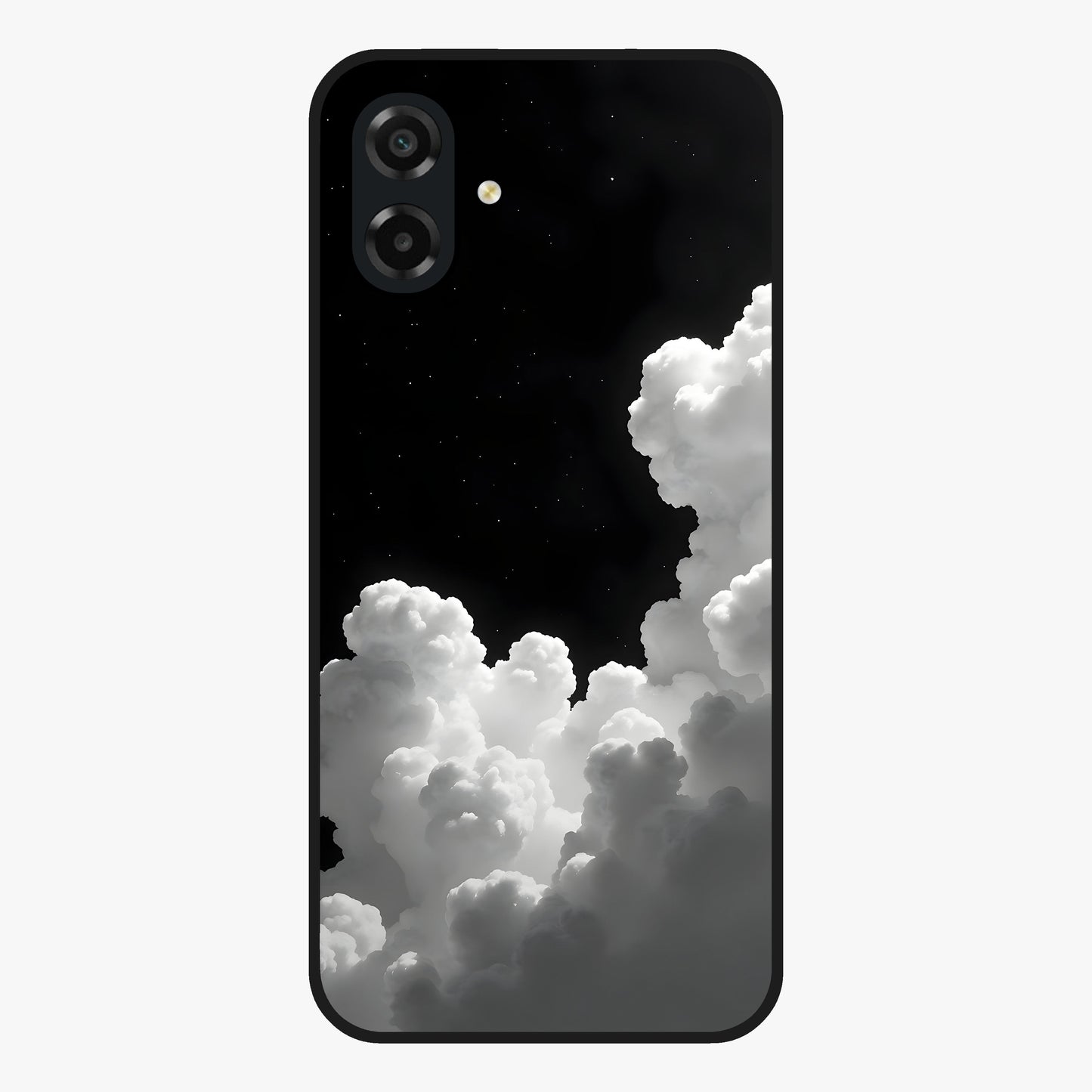Black Background With White Cloud Glass Case showing flat back view with minimal cloud artwork on dark background and glossy glass finish.