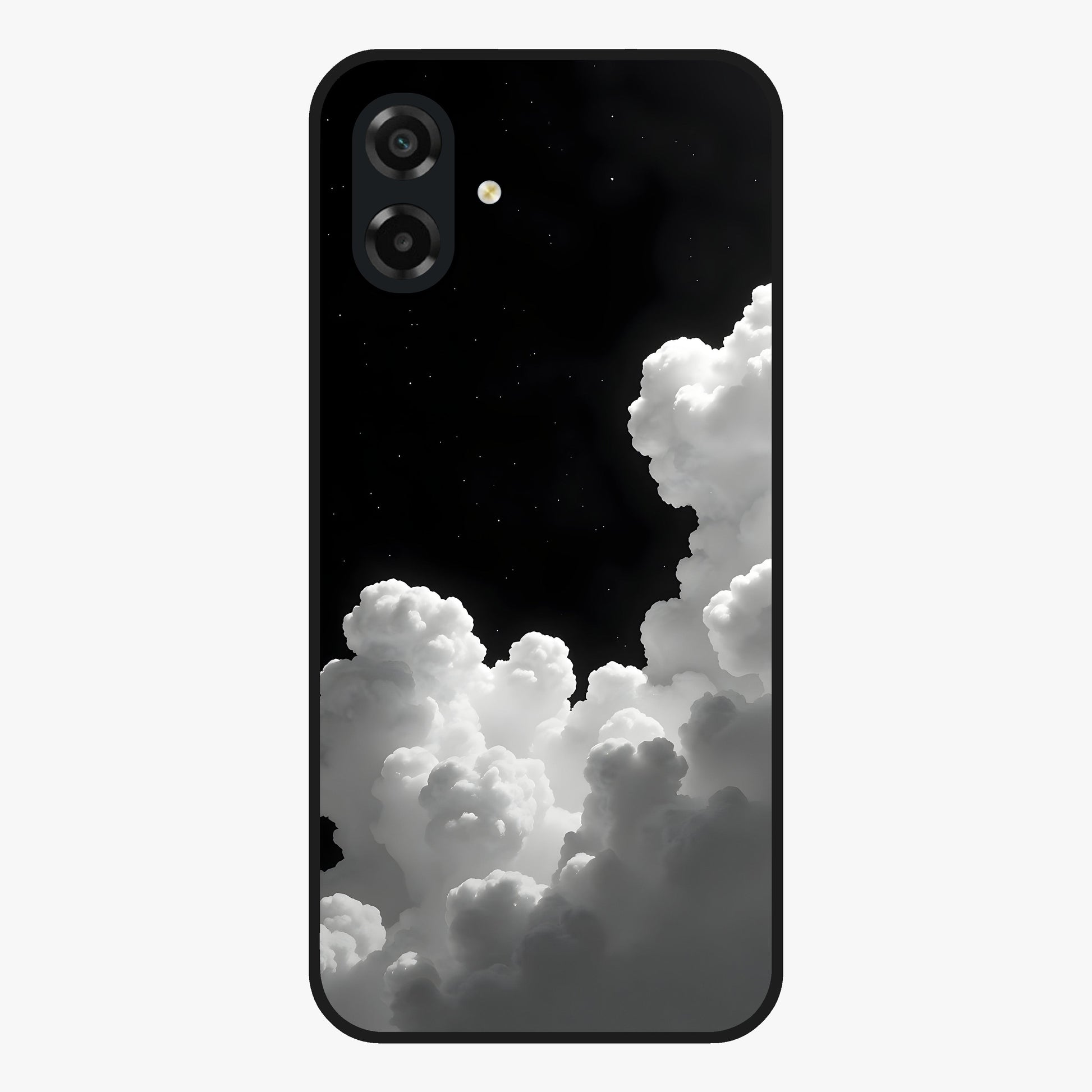 Black Background With White Cloud Glass Case showing flat back view with minimal cloud artwork on dark background and glossy glass finish.