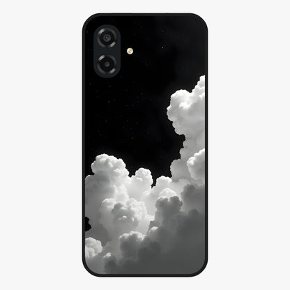Black Background With White Cloud Glass Case showing flat back view with minimal cloud artwork on dark background and glossy glass finish.