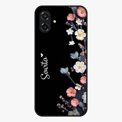 Black Elegance Floral Custom Name Glass Case showing flat back view with elegant floral artwork and personalized name design.