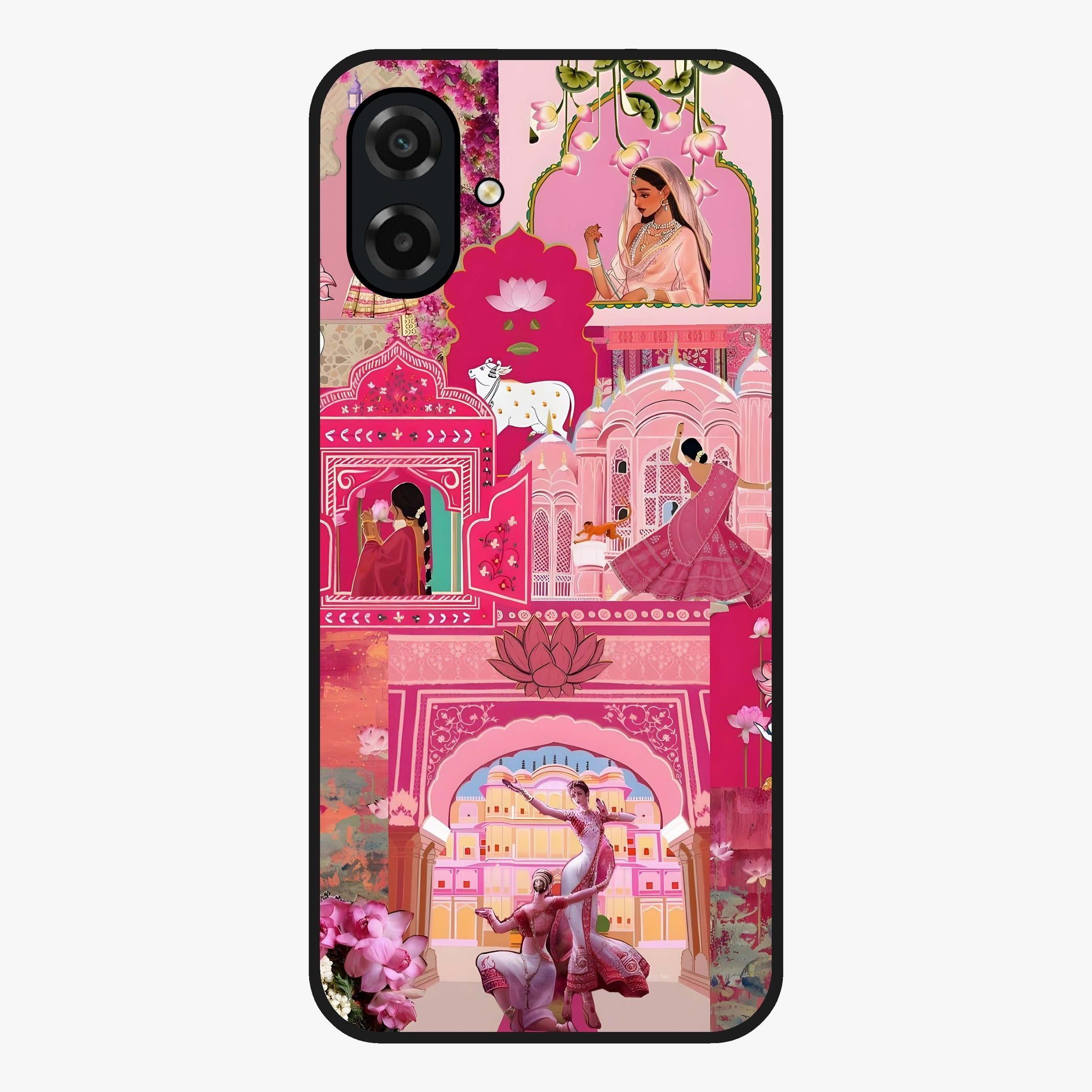 Blossoms of Rajasthan Glass Case showing flat back view with traditional floral artwork inspired by Rajasthan and glossy glass finish.