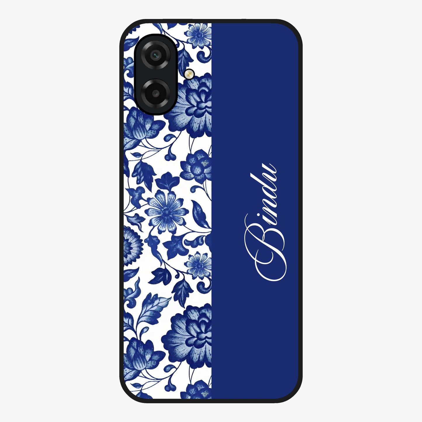 Blue Vintage Floral Pattern Glass Case upright view showcasing timeless floral illustration with vintage inspired style.