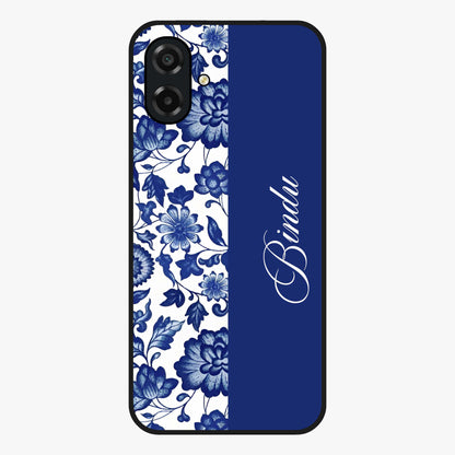 Blue Vintage Floral Pattern Glass Case upright view showcasing timeless floral illustration with vintage inspired style.