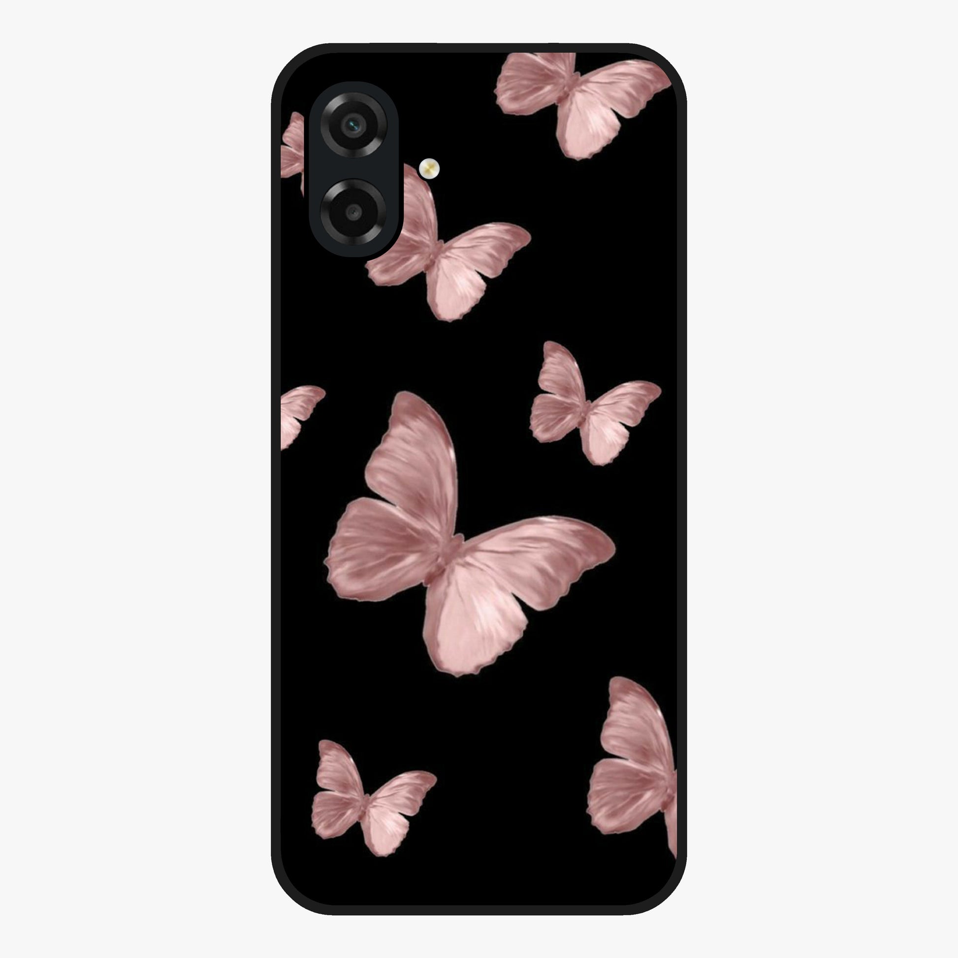 Butterfly Pattern Glass Case showing flat back view with elegant butterfly pattern artwork and glossy glass finish.