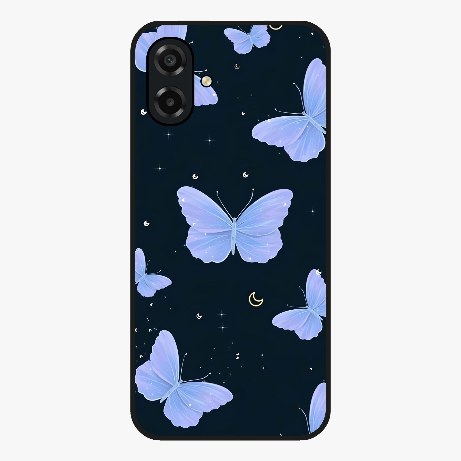 Butterfly With Stars Pattern Glass Case showing flat back view with butterfly and star pattern artwork and glossy glass finish.