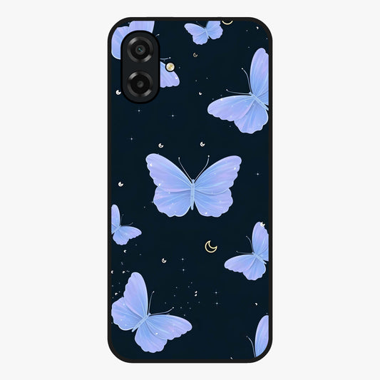 Butterfly With Stars Pattern Glass Case showing flat back view with butterfly and star pattern artwork and glossy glass finish.