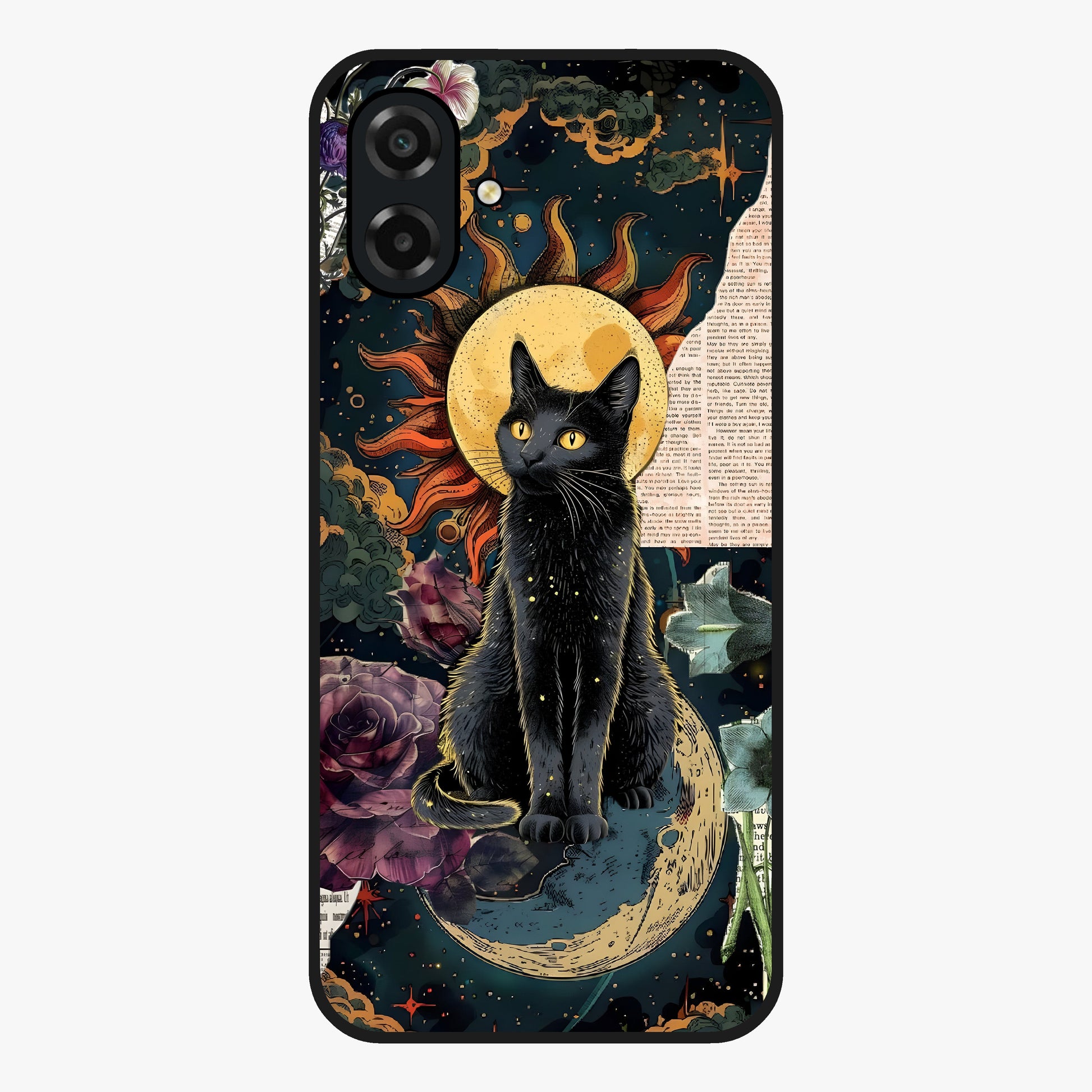 Celestial Black Cat Glass Case showing flat back view with mystical black cat artwork and glossy glass finish.